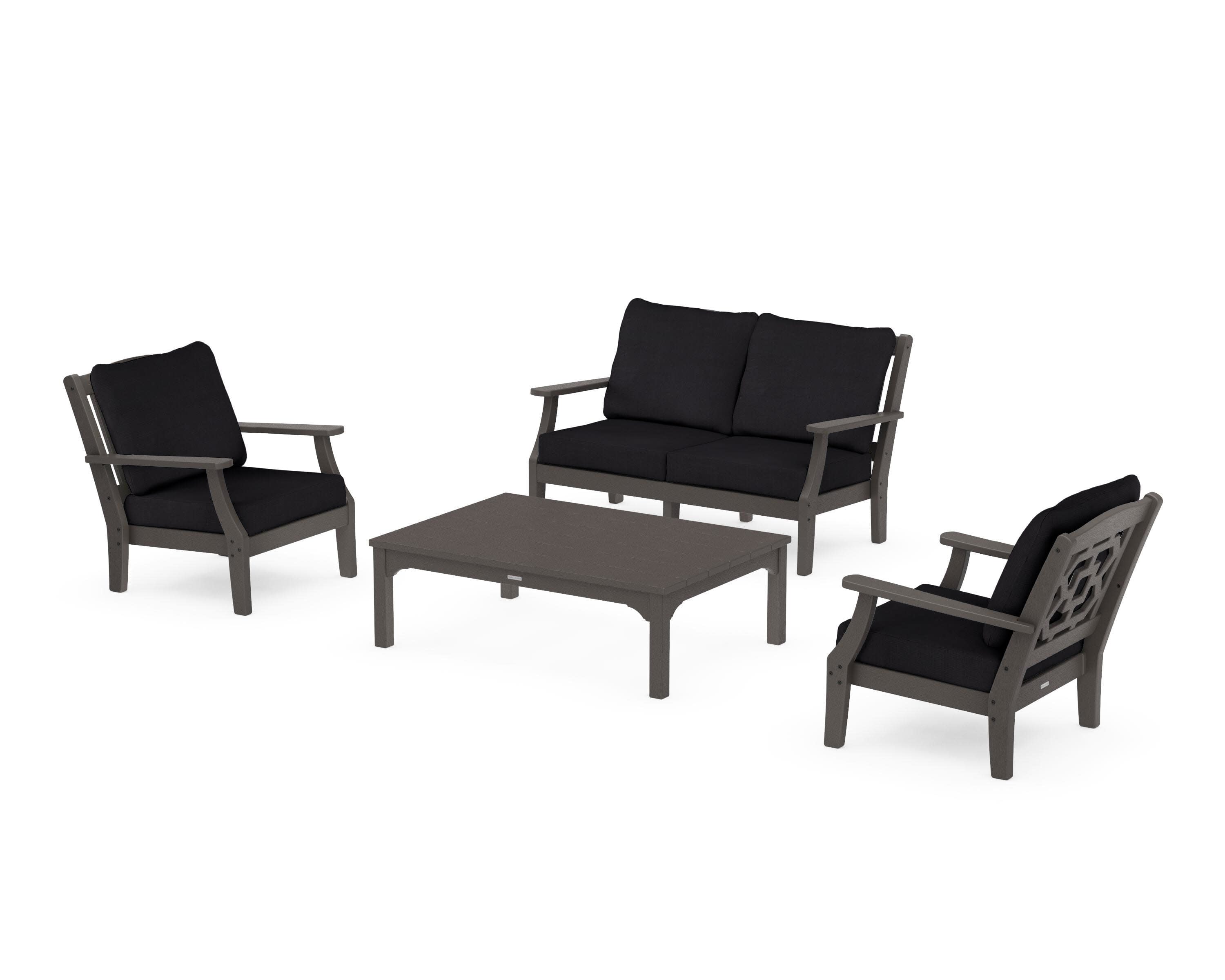 Chinoiserie 4-Piece Deep Seating Set with Loveseat in Vintage Coffee / Midnight Linen