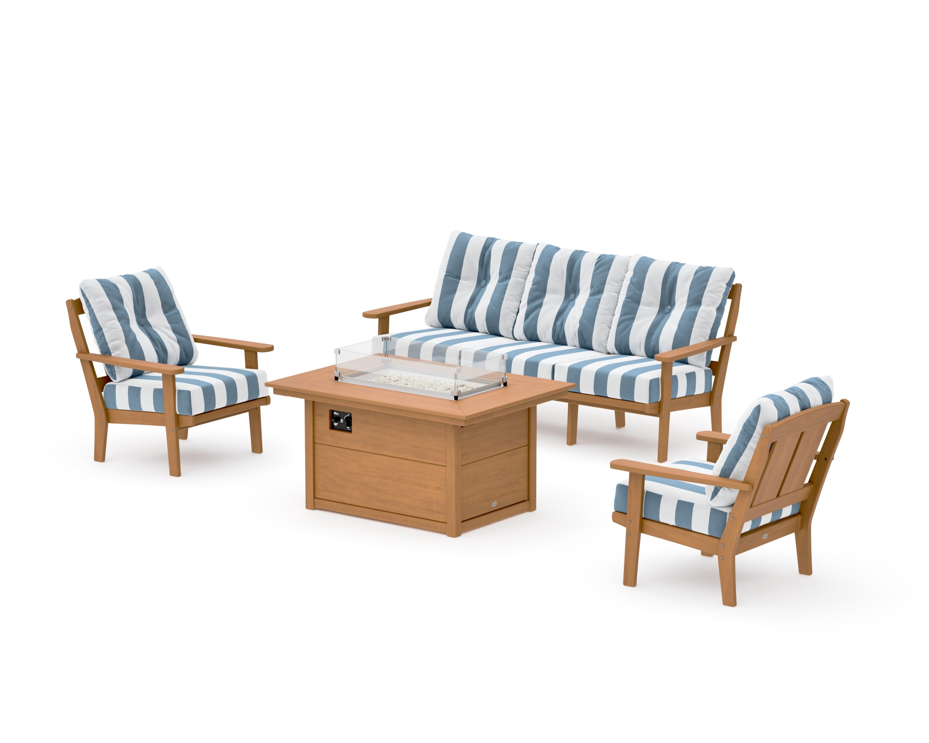 Mission Deep Seating Fire Pit Table Set in Natural / Cabana Stripe Sky Blue