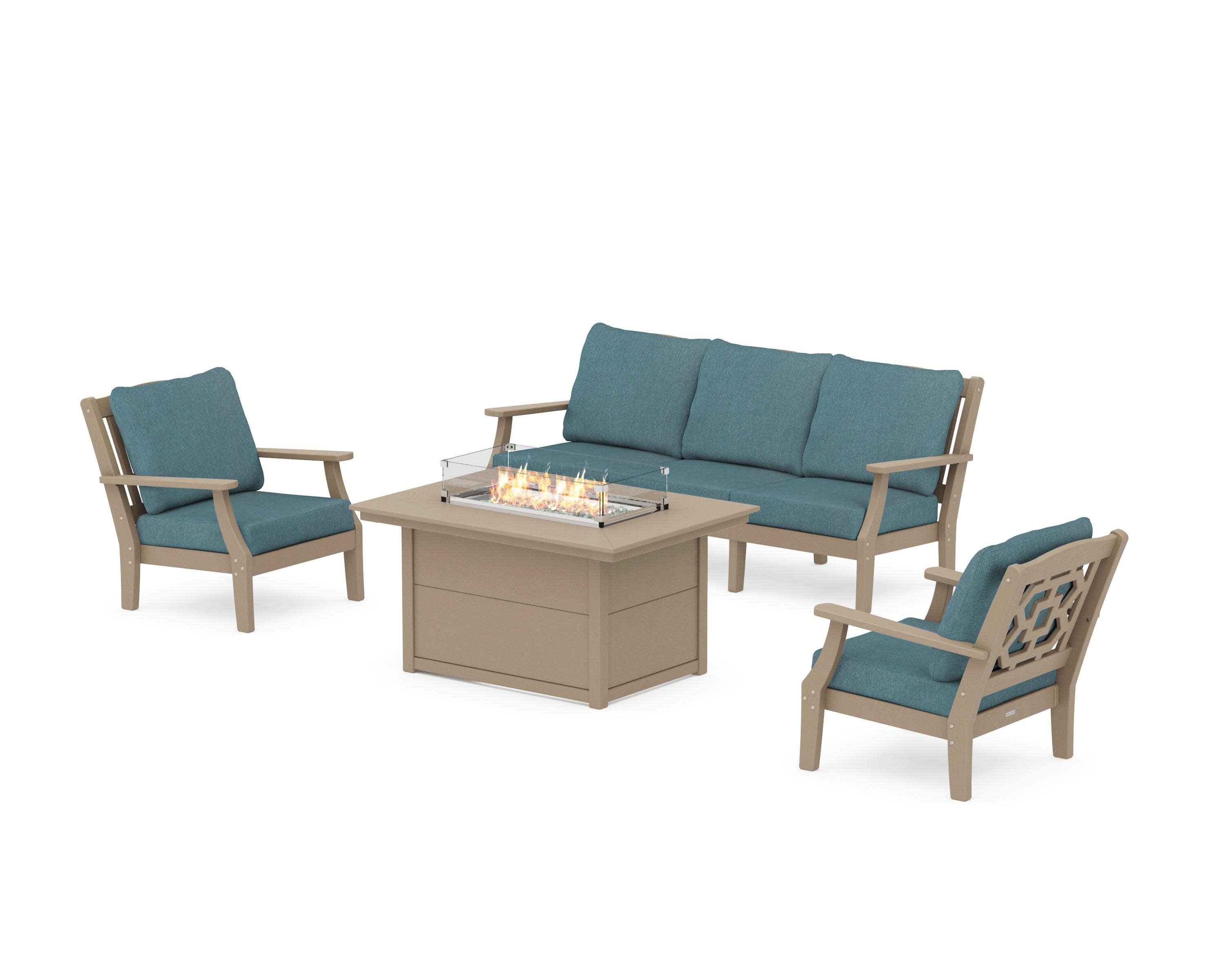 Chinoiserie Deep Seating Fire Pit Table Set in Vintage Sahara / Ocean Teal