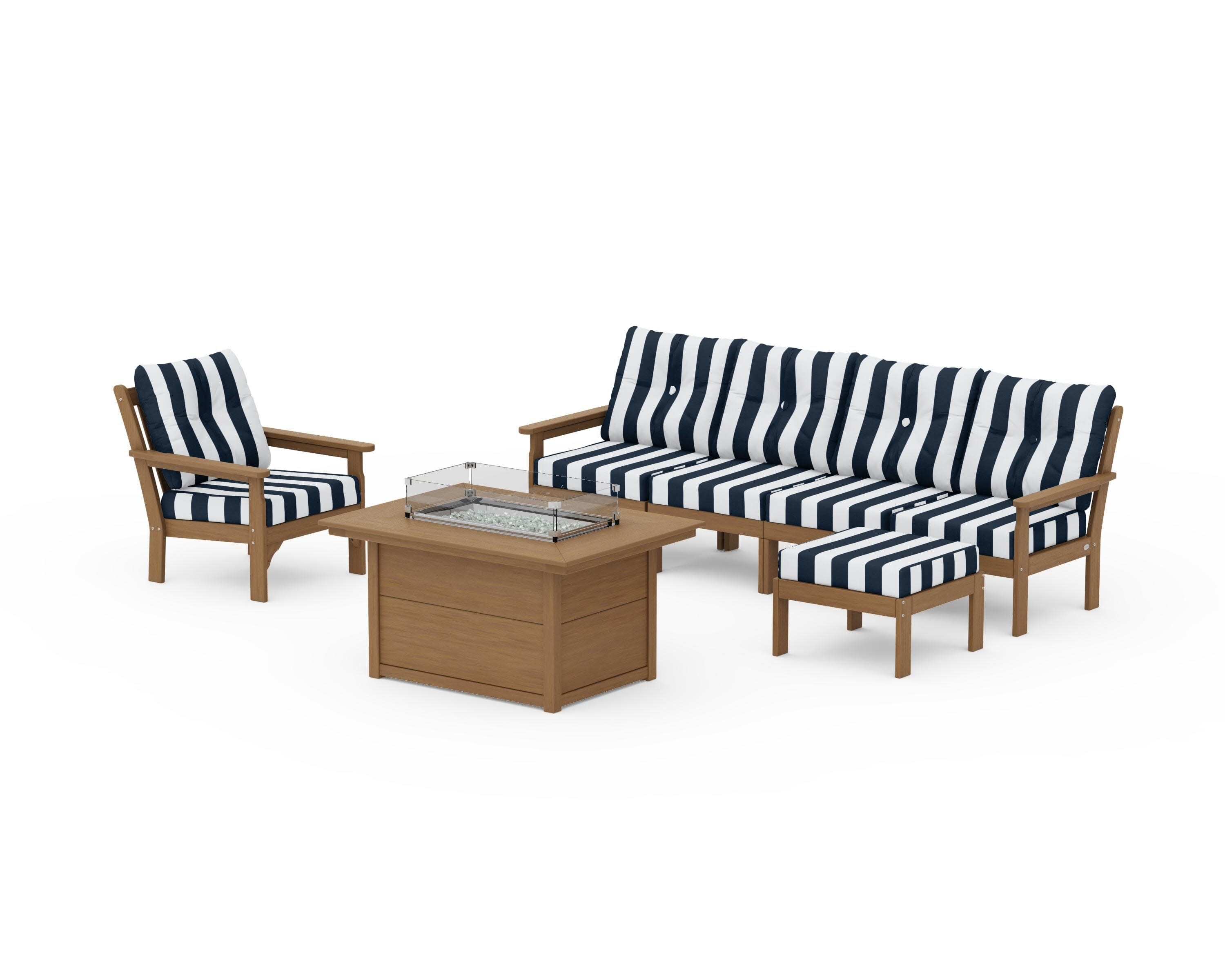 Vineyard Sectional Lounge and Fire Pit Set in Natural / Cabana Stripe Marine Indigo