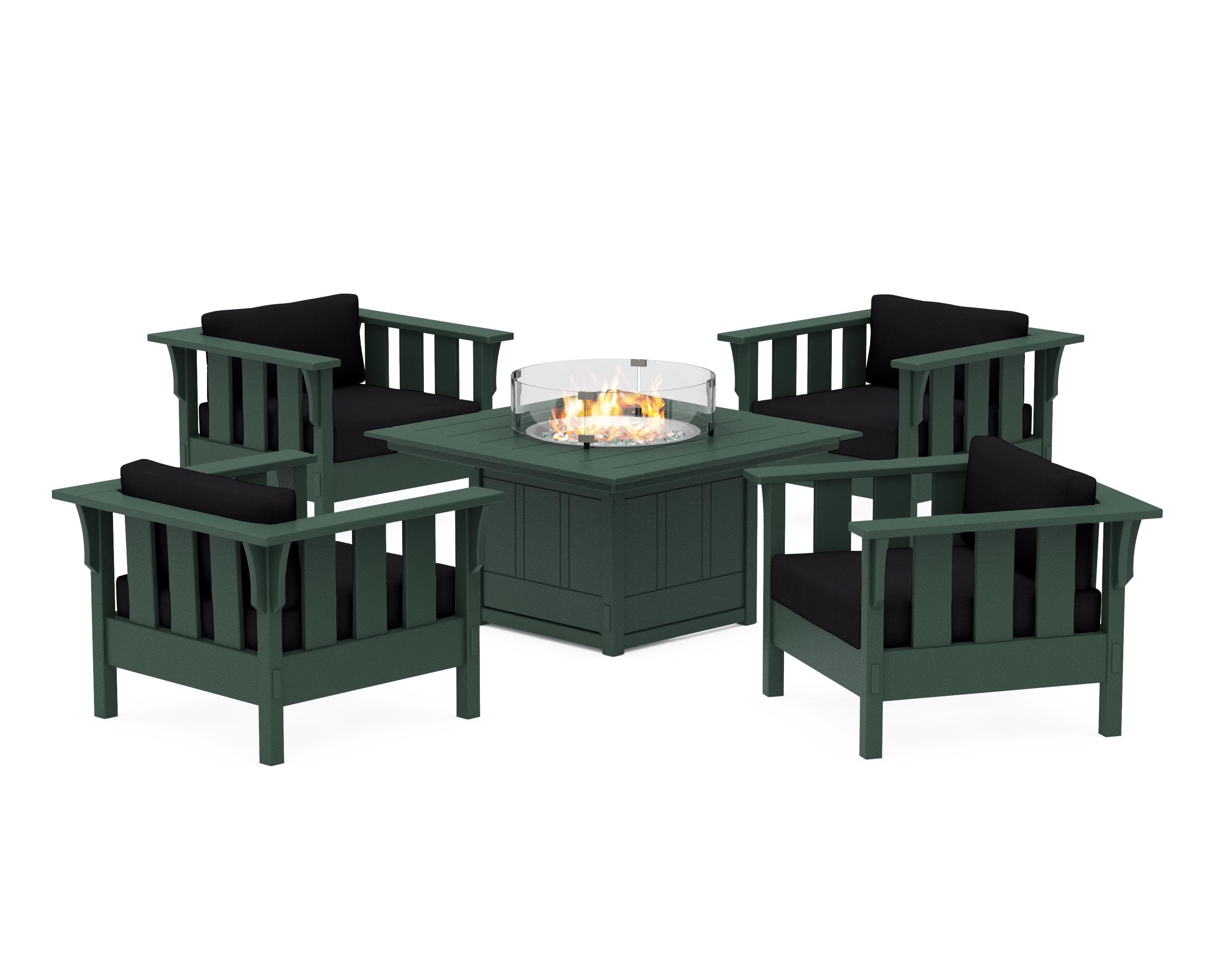 Acadia 5-Piece Deep Seating Set with Fire Pit Table in Green / Midnight Linen