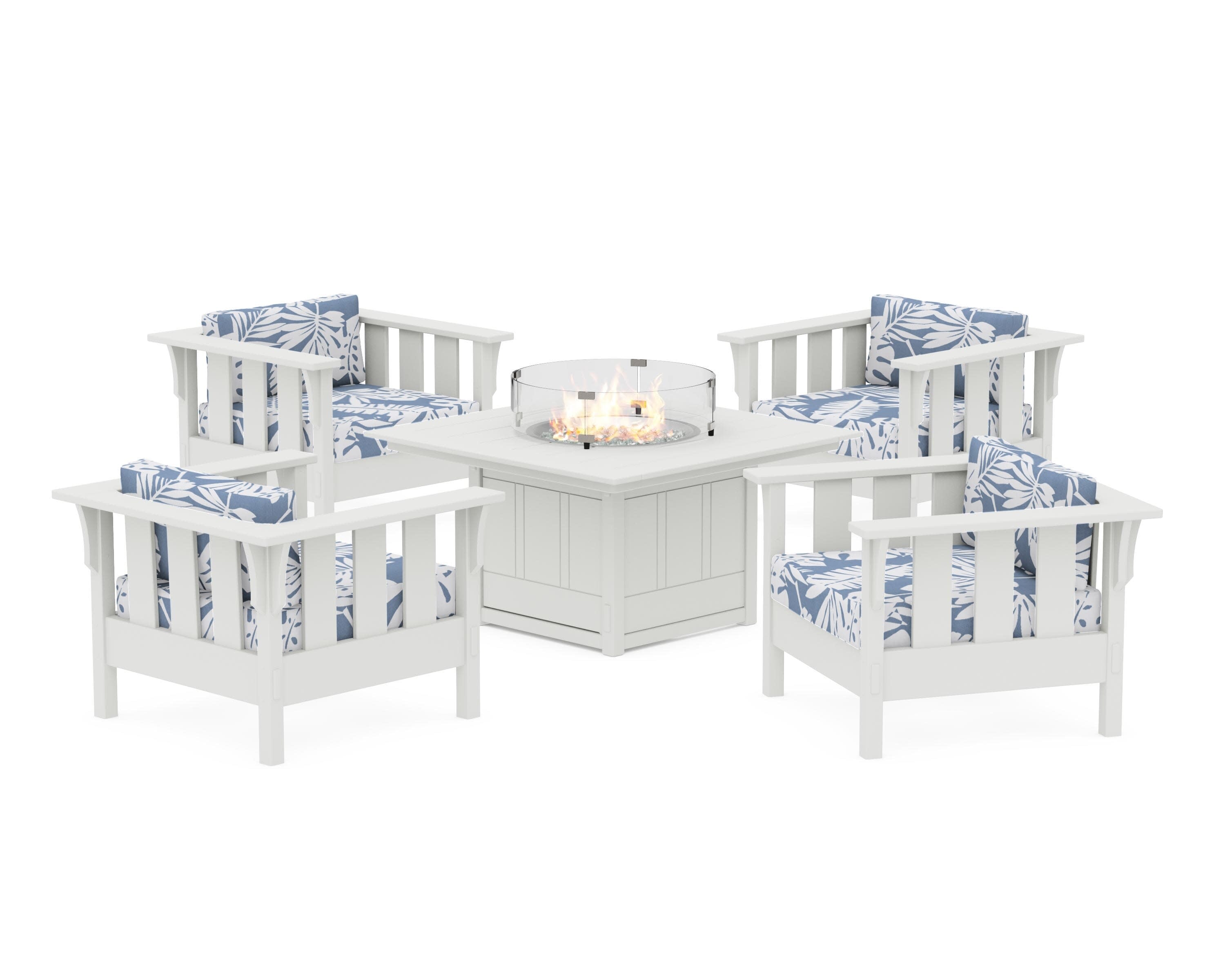 Acadia 5-Piece Deep Seating Set with Fire Pit Table in White / Leaf Sky Blue