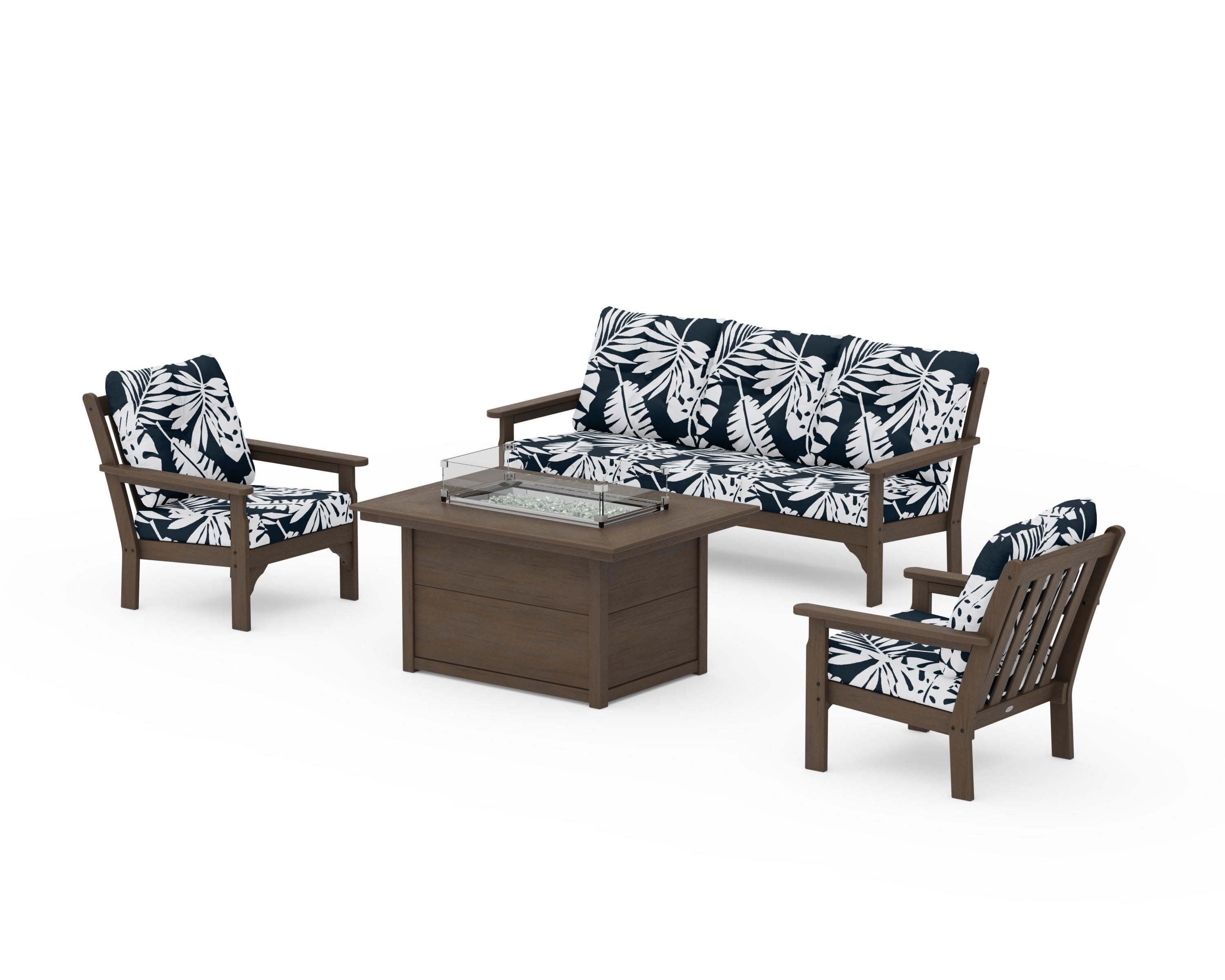 Vineyard Deep Seating Fire Pit Table Set in Kona / Leaf Marine Indigo