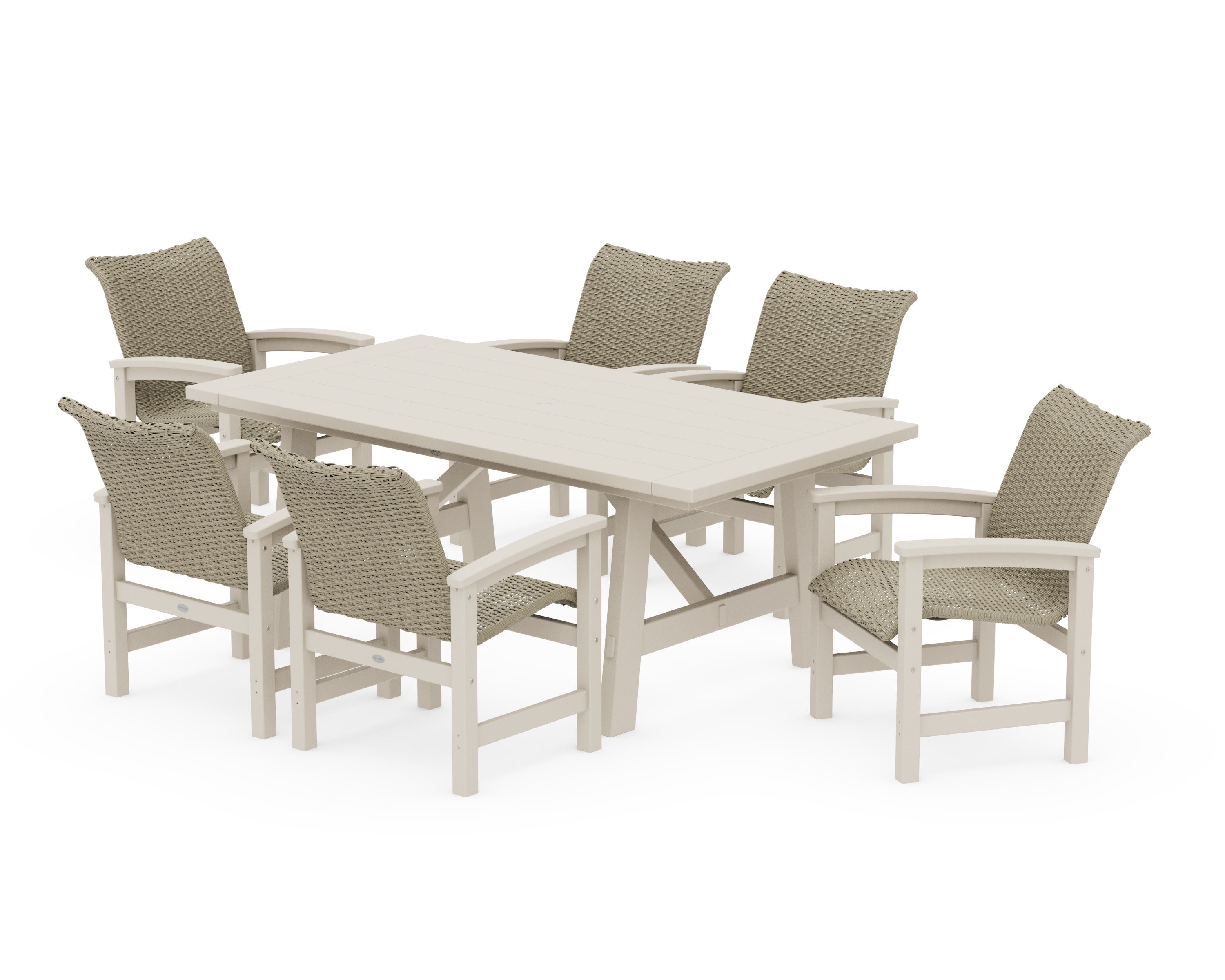 Coastal Woven Arm Chair 7-Piece Rustic Farmhouse Dining Set in Sand / Dune Grass