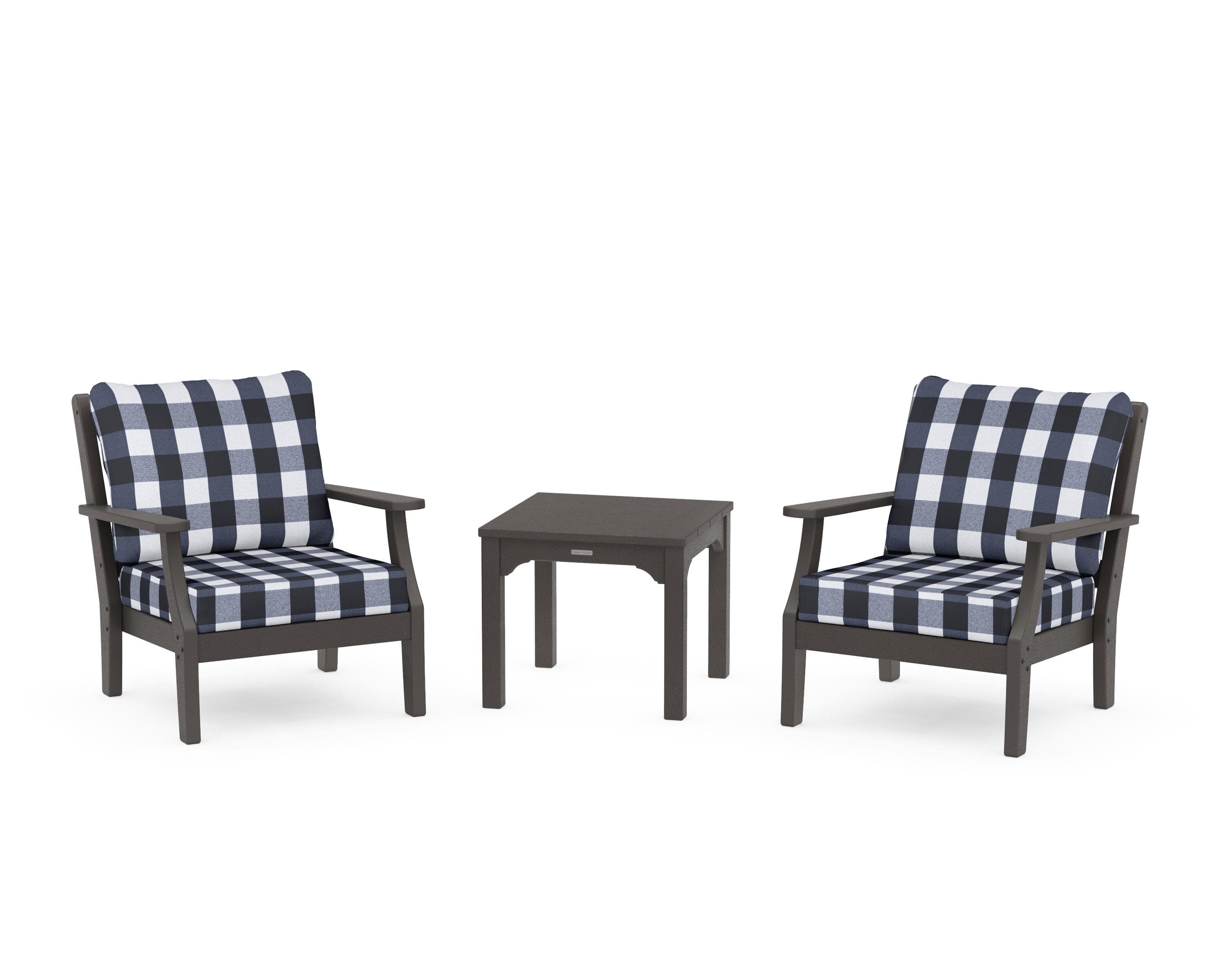 Chinoiserie 3-Piece Deep Seating Set in Vintage Coffee / Buffalo Plaid Marine Indigo