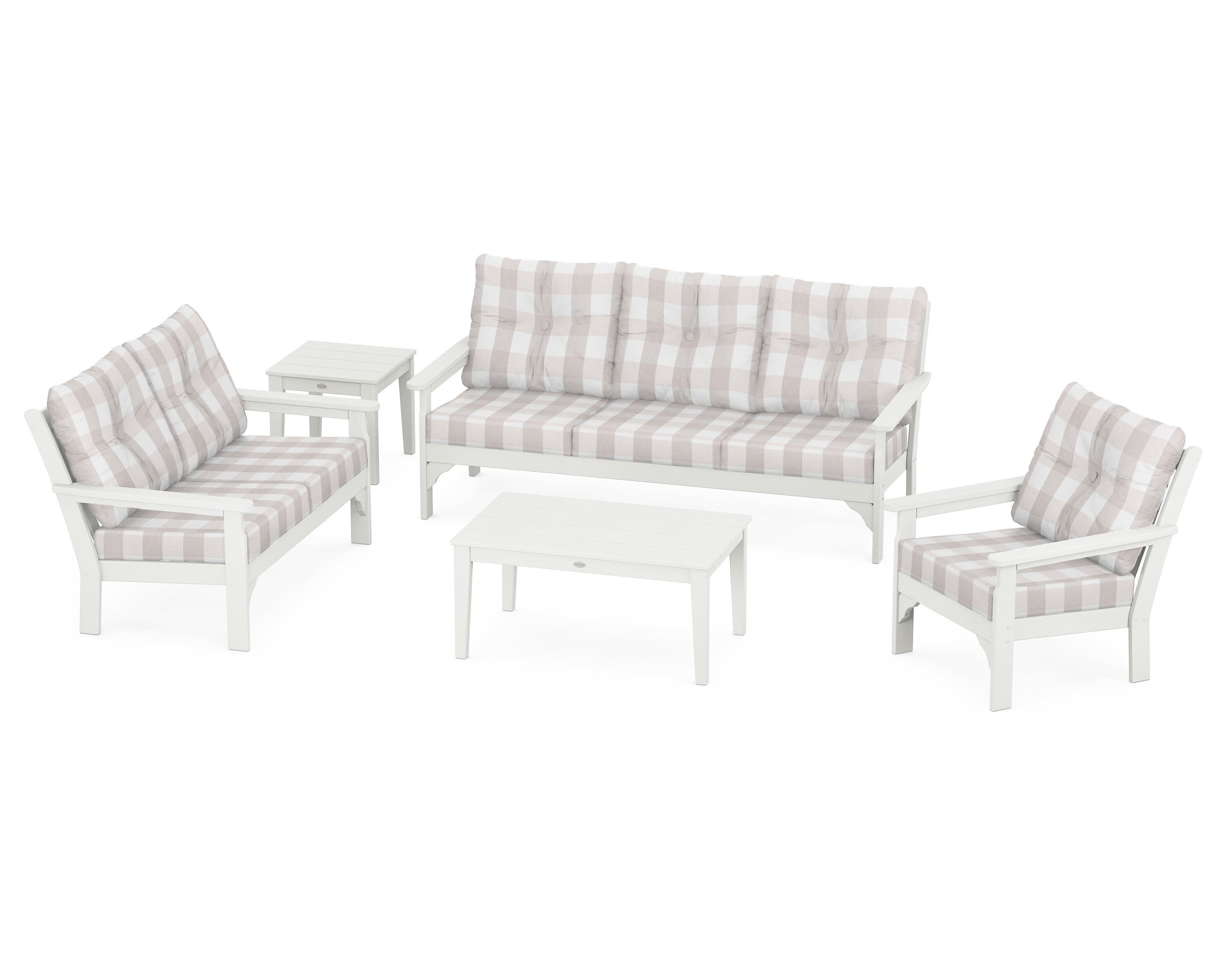 Vineyard 5 Piece Deep Seating Set in Vintage White / Buffalo Plaid Dune Burlap