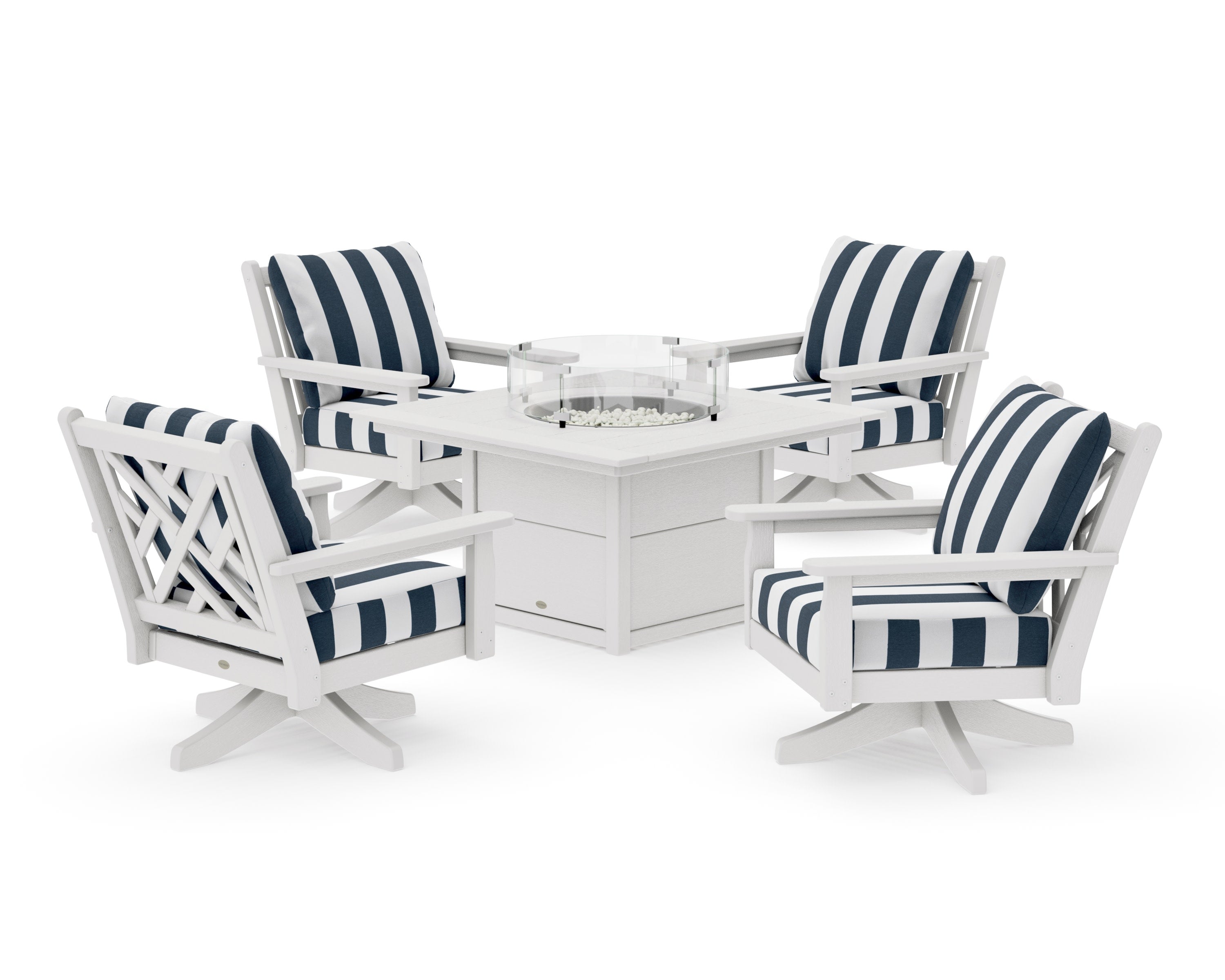 Chippendale 5-Piece Deep Seating Swivel Conversation Set with Fire Pit Table in Vintage White / Cabana Stripe Marine Indigo