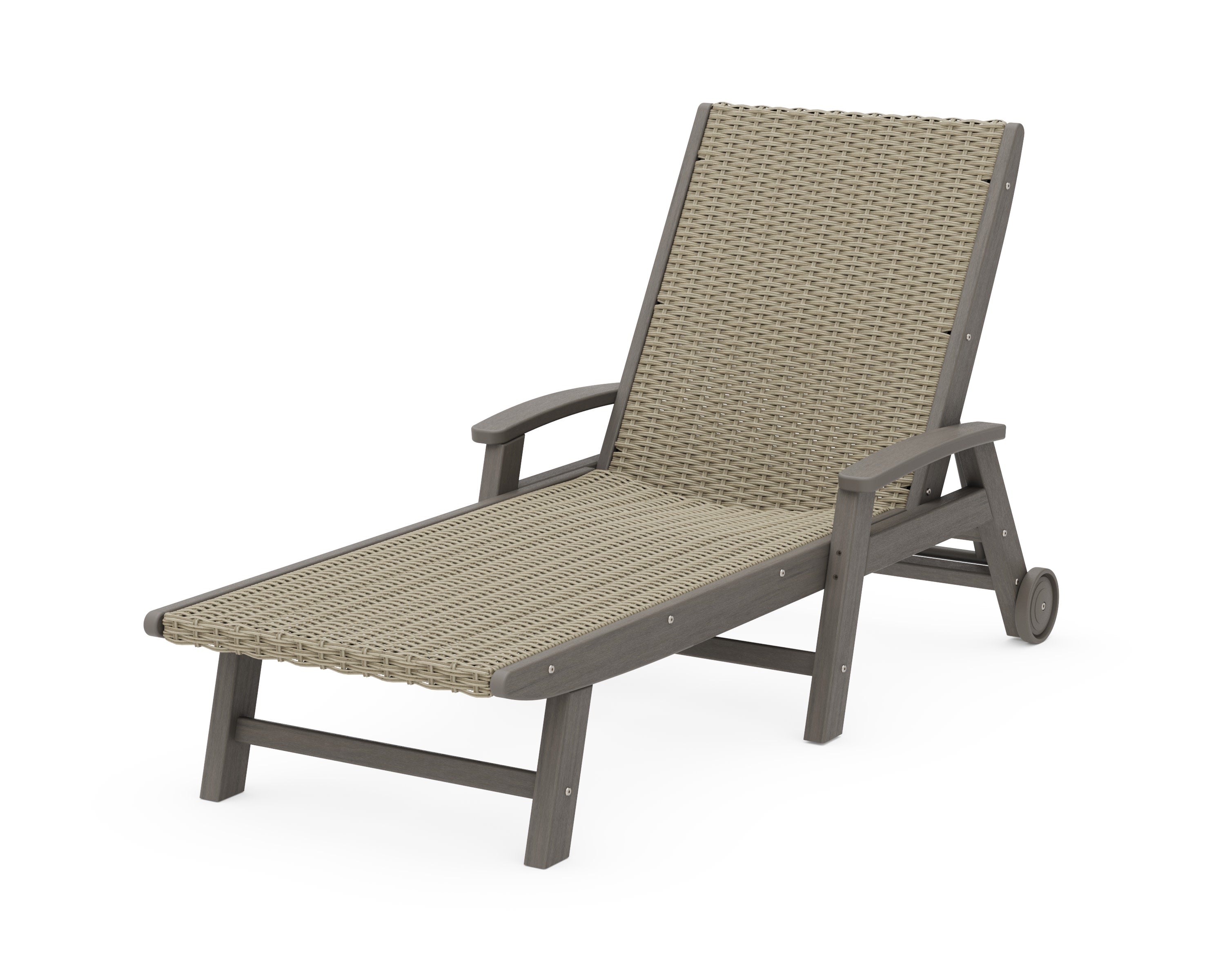 Coastal Woven Chaise with Arms and Wheels in Driftwood / Dune Grass