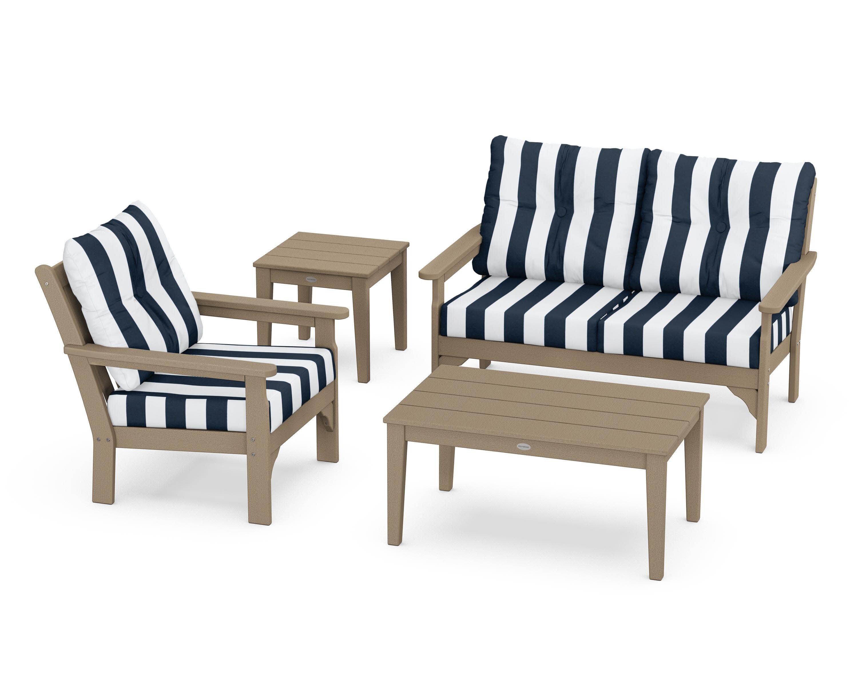 Vineyard 4-Piece Deep Seating Set in Vintage Sahara / Cabana Stripe Marine Indigo