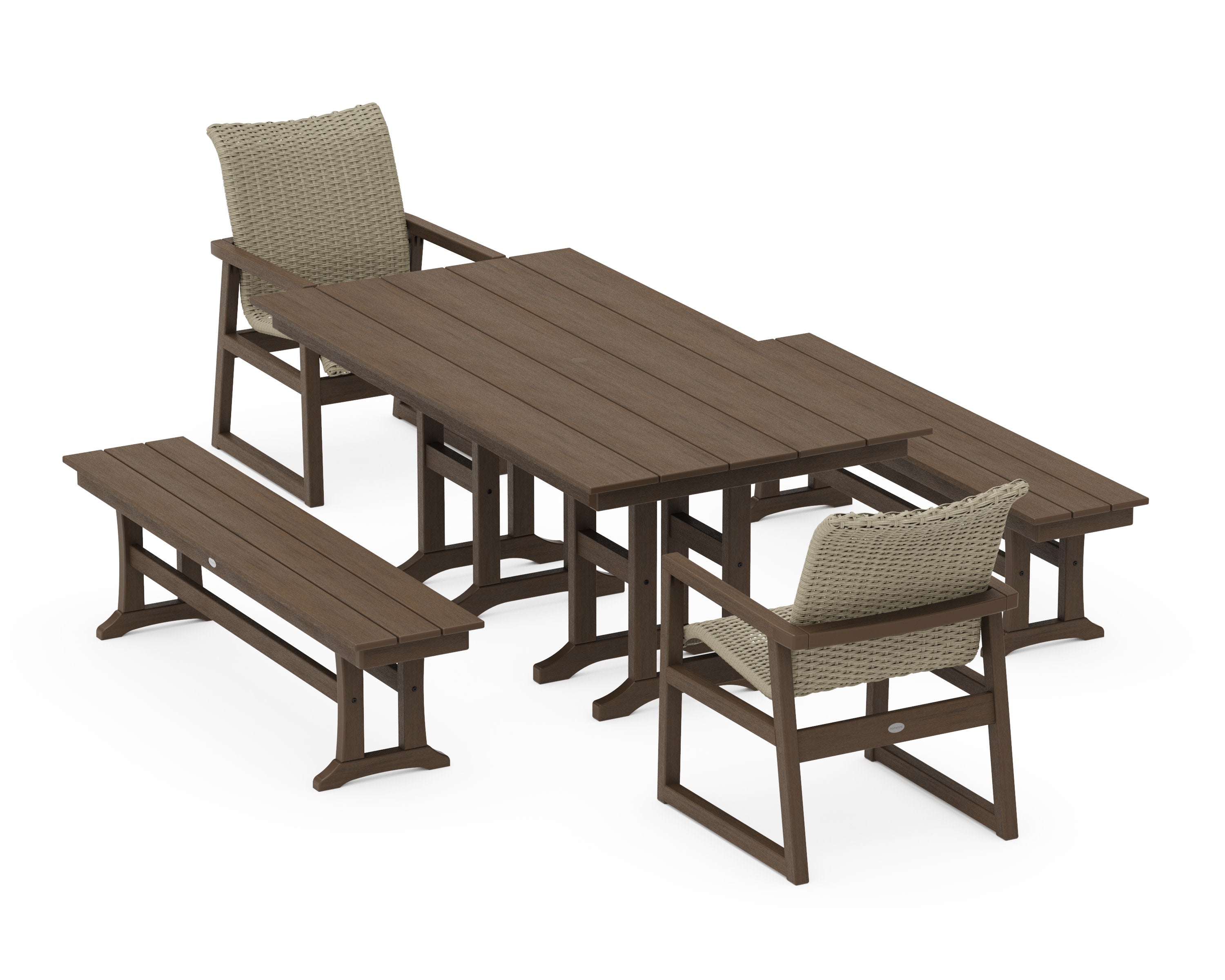 EDGE Woven 5-Piece Farmhouse Dining Set with Benches in Kona / Dune Grass