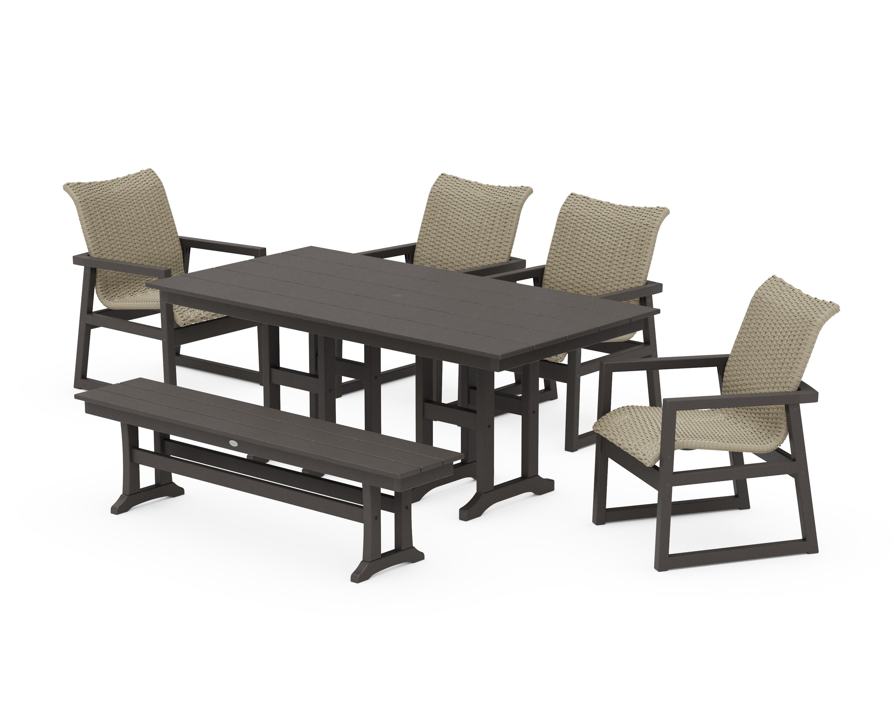 EDGE Woven 6-Piece Farmhouse Dining Set with Bench in Vintage Coffee / Dune Grass