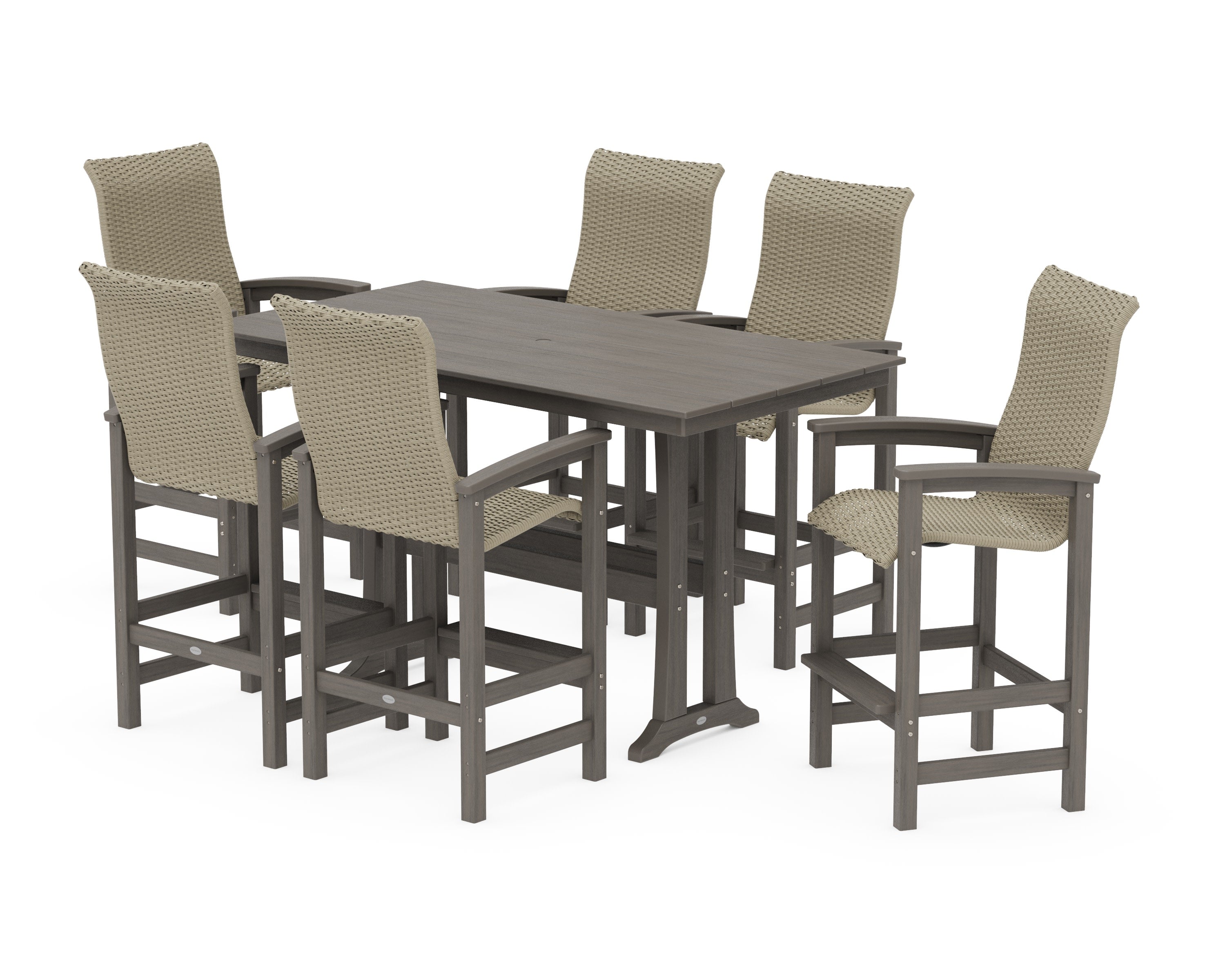 Coastal Woven High-Back Arm Chair 7-Piece Farmhouse Bar Set with Trestle Legs in Driftwood / Dune Grass