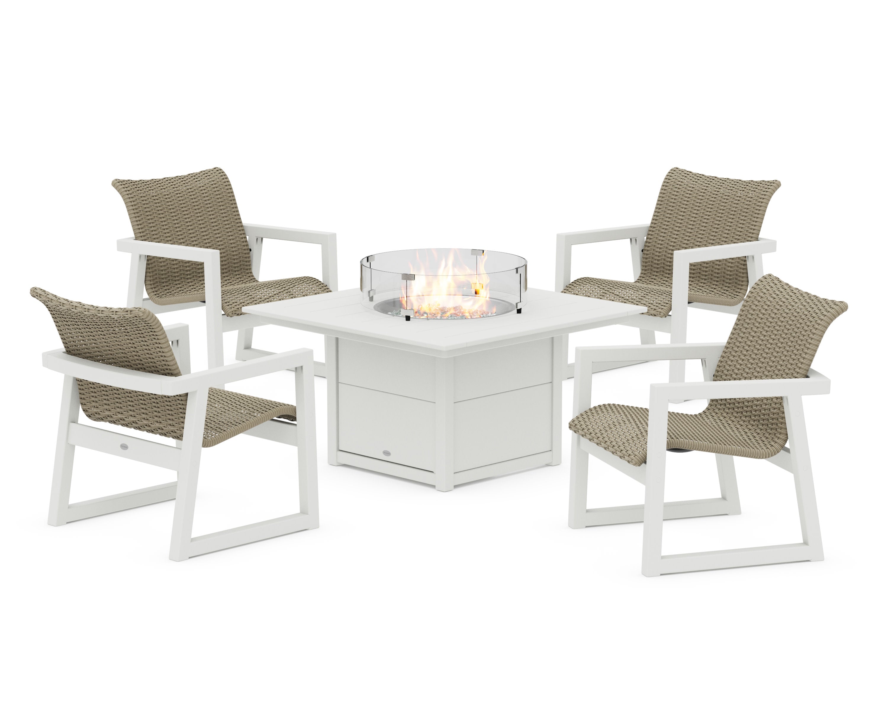 EDGE Woven 5-Piece Lounge Chair Seating Set with Fire Pit Table in White / Dune Grass