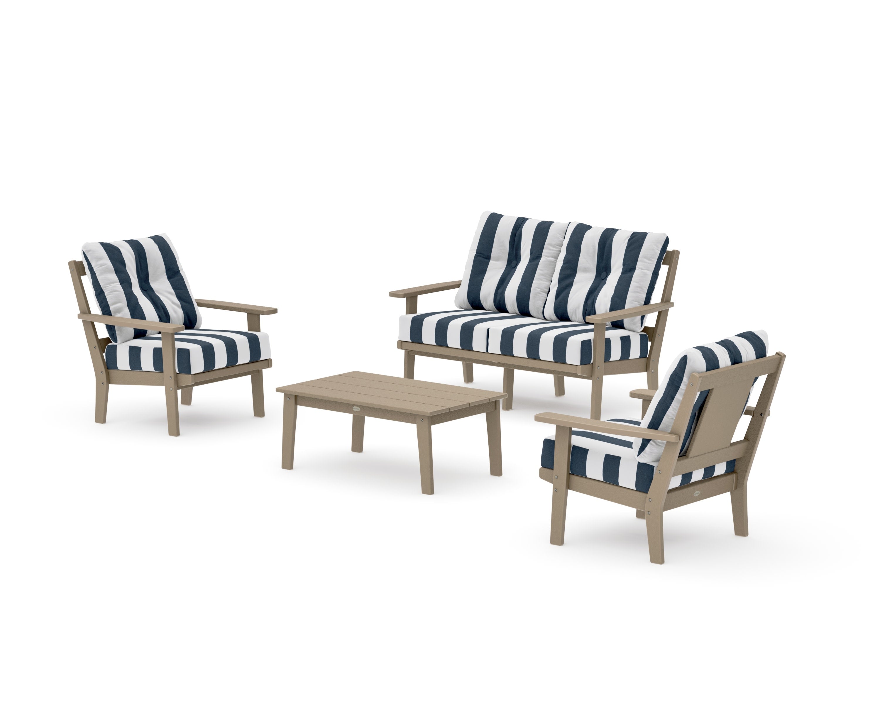 Prairie 4-Piece Deep Seating Set with Loveseat in Vintage Sahara / Cabana Stripe Marine Indigo