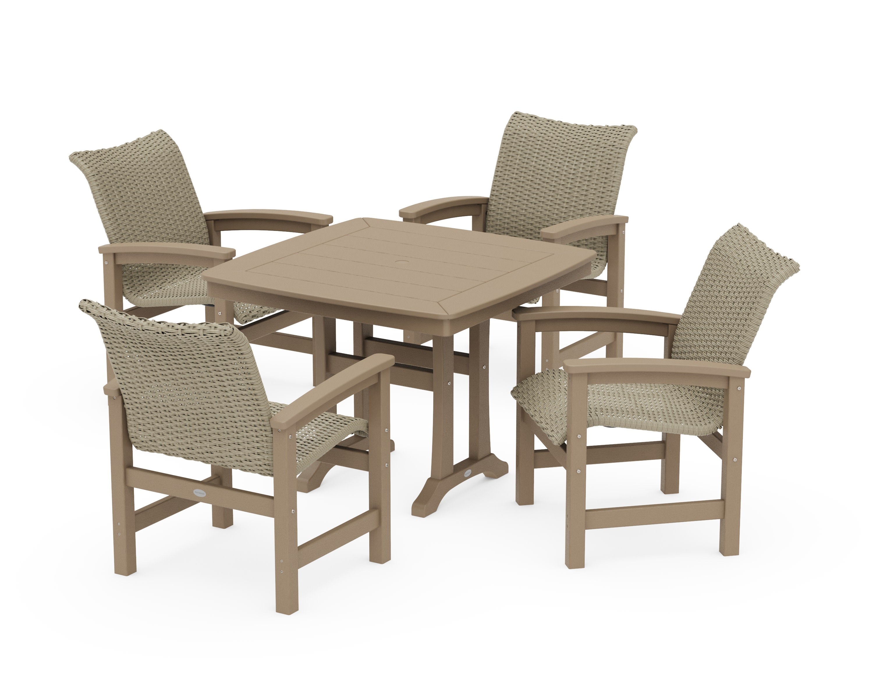 Coastal Woven 5-Piece Dining Set with Trestle Legs in Vintage Sahara / Dune Grass