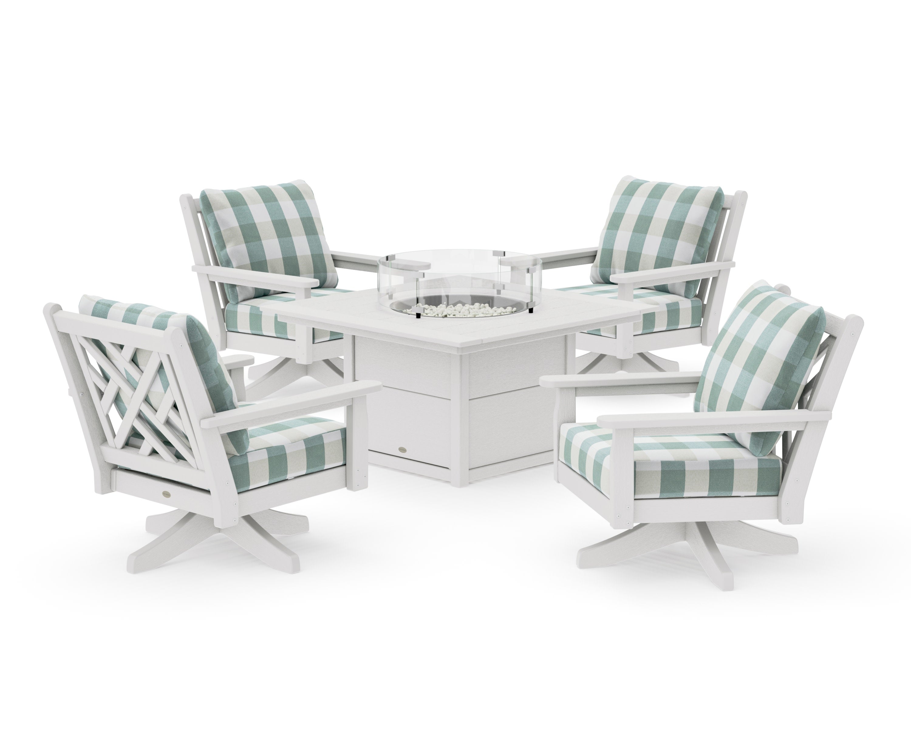 Chippendale 5-Piece Deep Seating Swivel Conversation Set with Fire Pit Table in Vintage White / Buffalo Plaid Glacier Spa