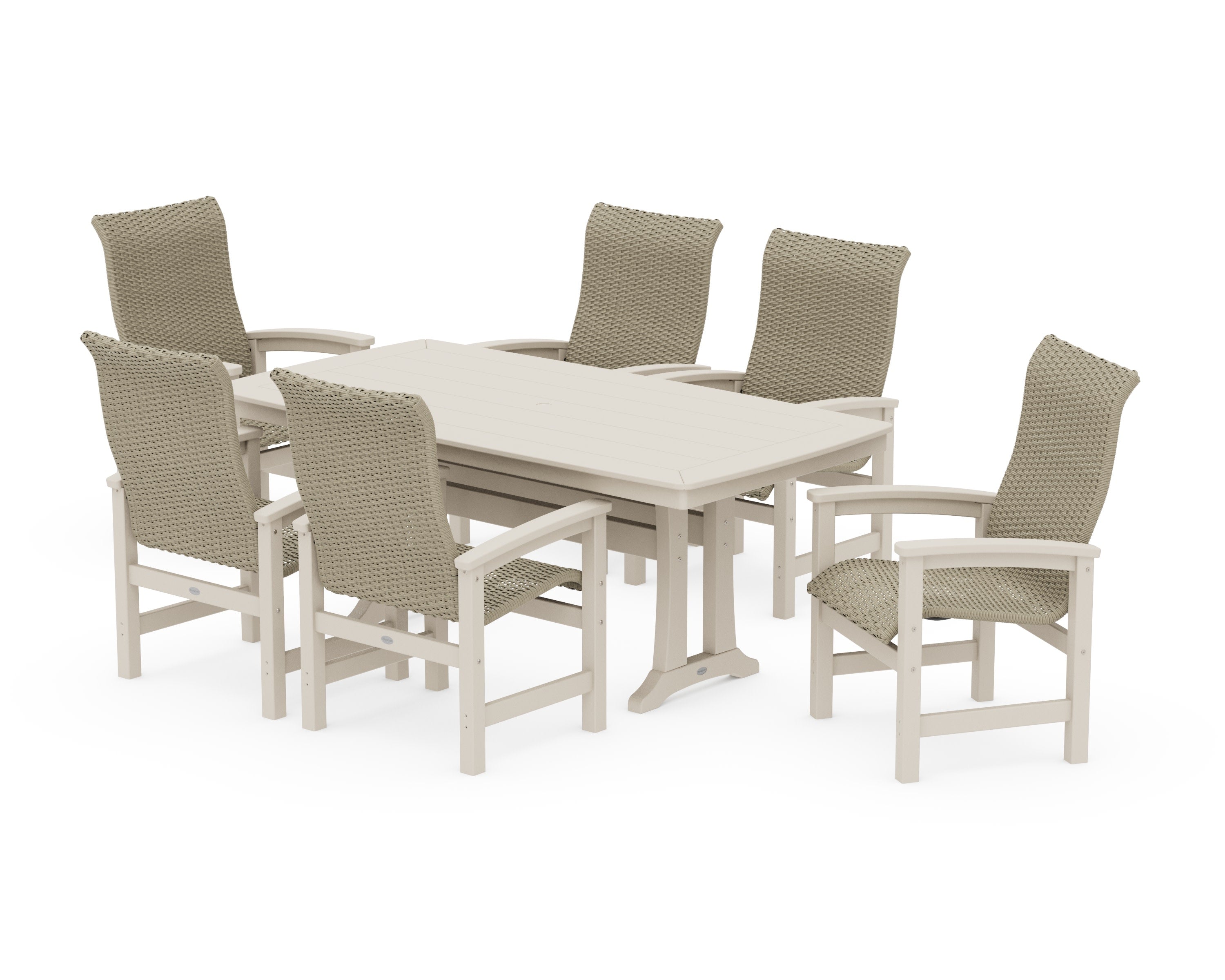 Coastal Woven High-Back Arm Chair 7-Piece Dining Set with Trestle Legs in Sand / Dune Grass
