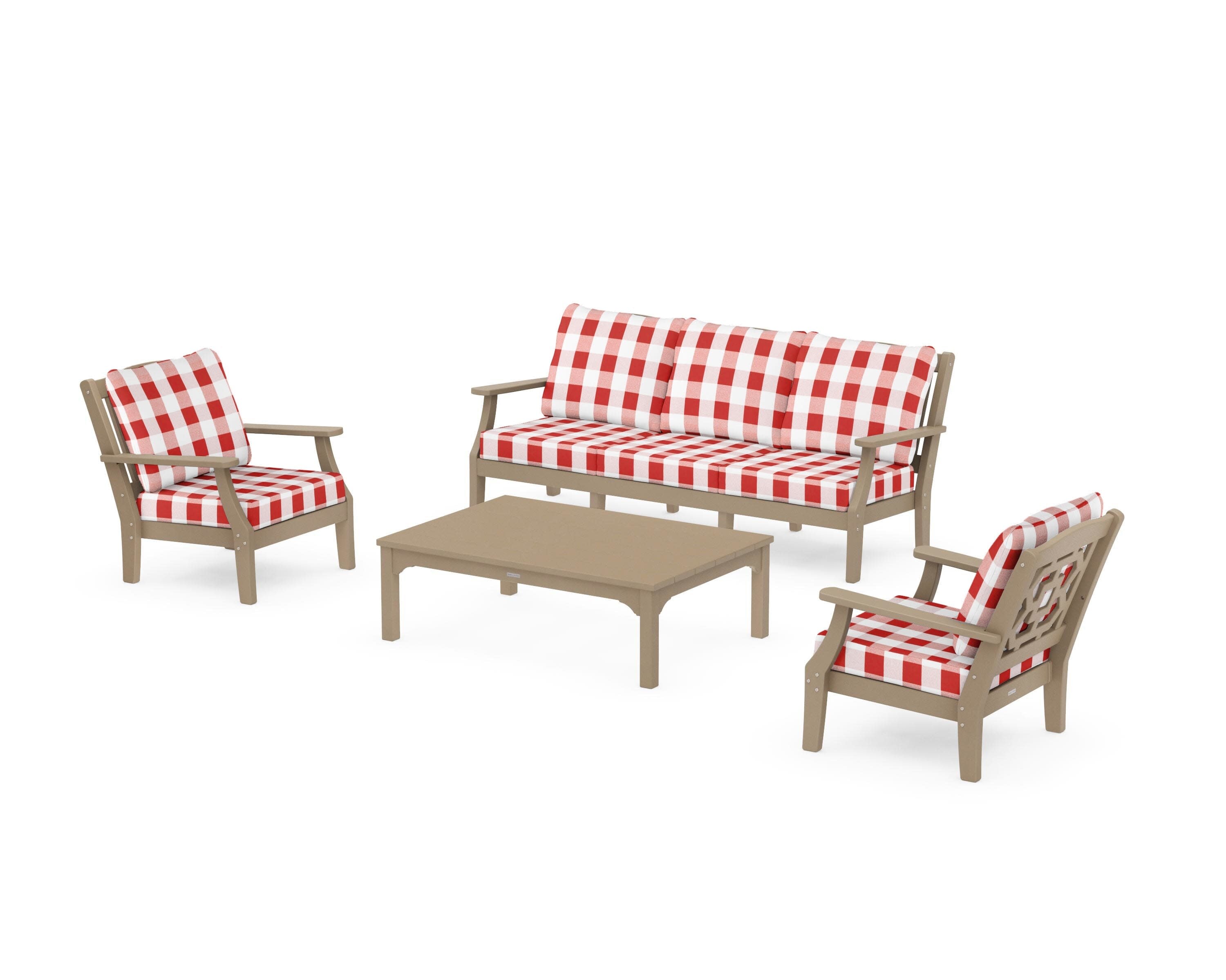 Chinoiserie 4-Piece Deep Seating Set with Sofa in Vintage Sahara / Buffalo Plaid Crimson