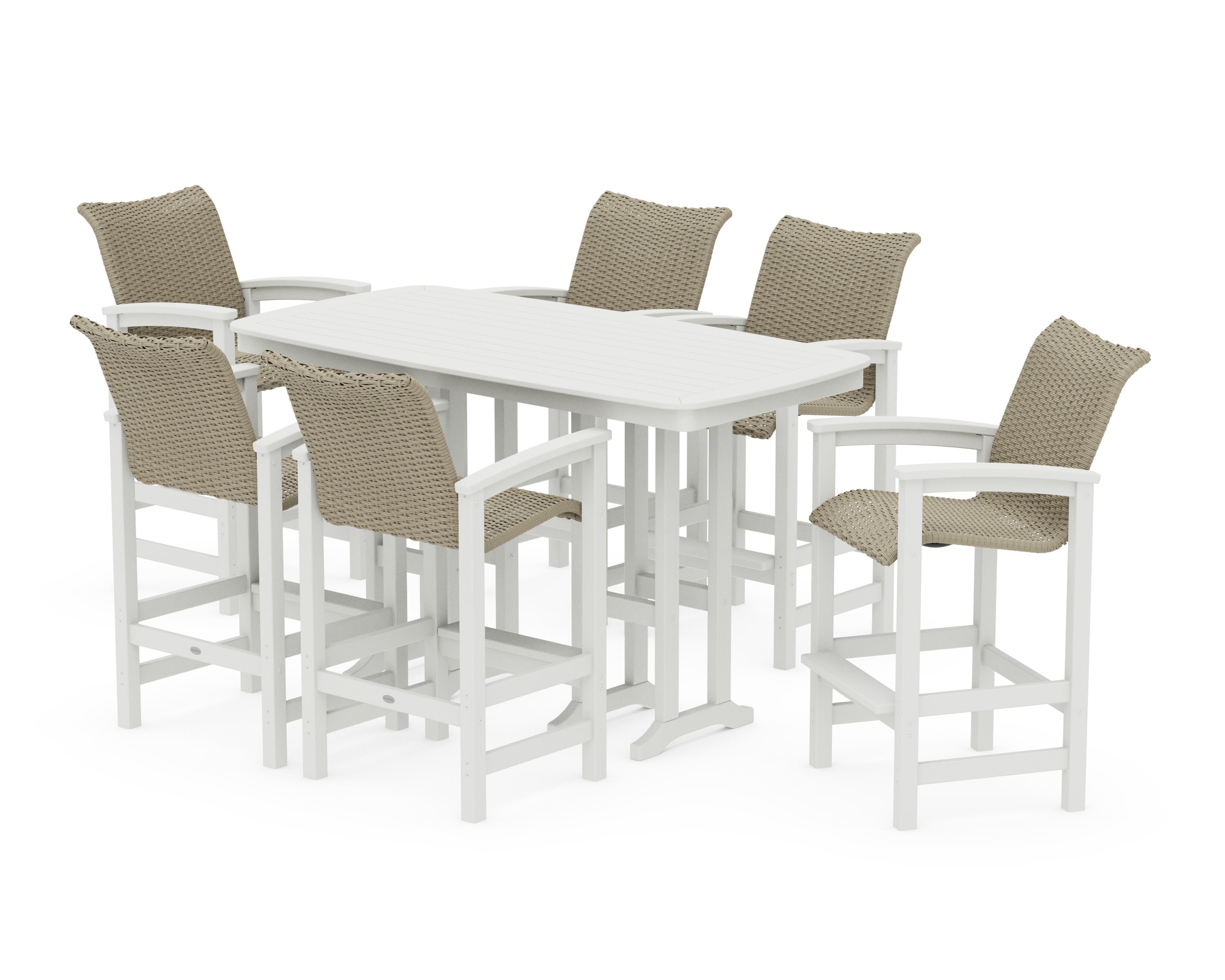 Coastal Woven Arm Chair 7-Piece Bar Set in Vintage White / Dune Grass