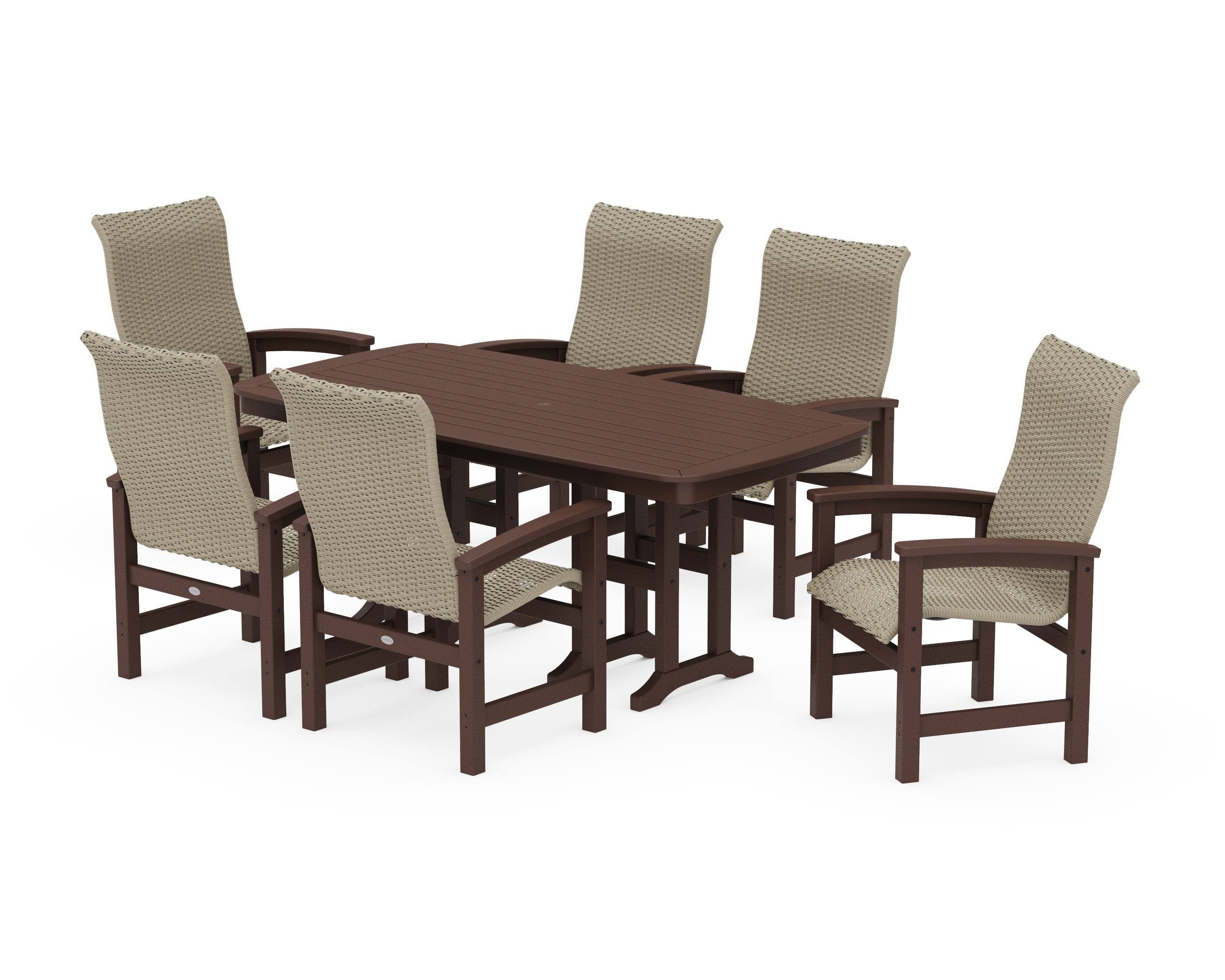 Coastal Woven High-Back Arm Chair 7-Piece Dining Set in Mahogany / Dune Grass