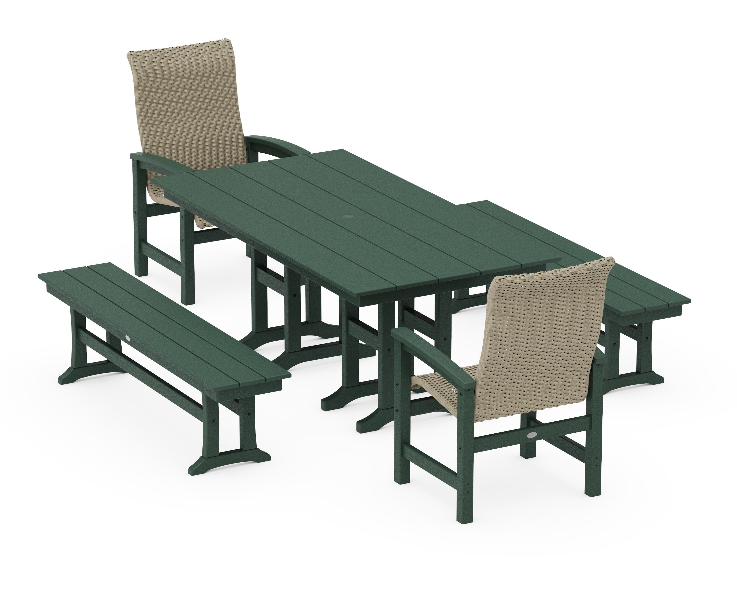 Coastal Woven High-Back 5-Piece Farmhouse Dining Set with Benches in Green / Dune Grass