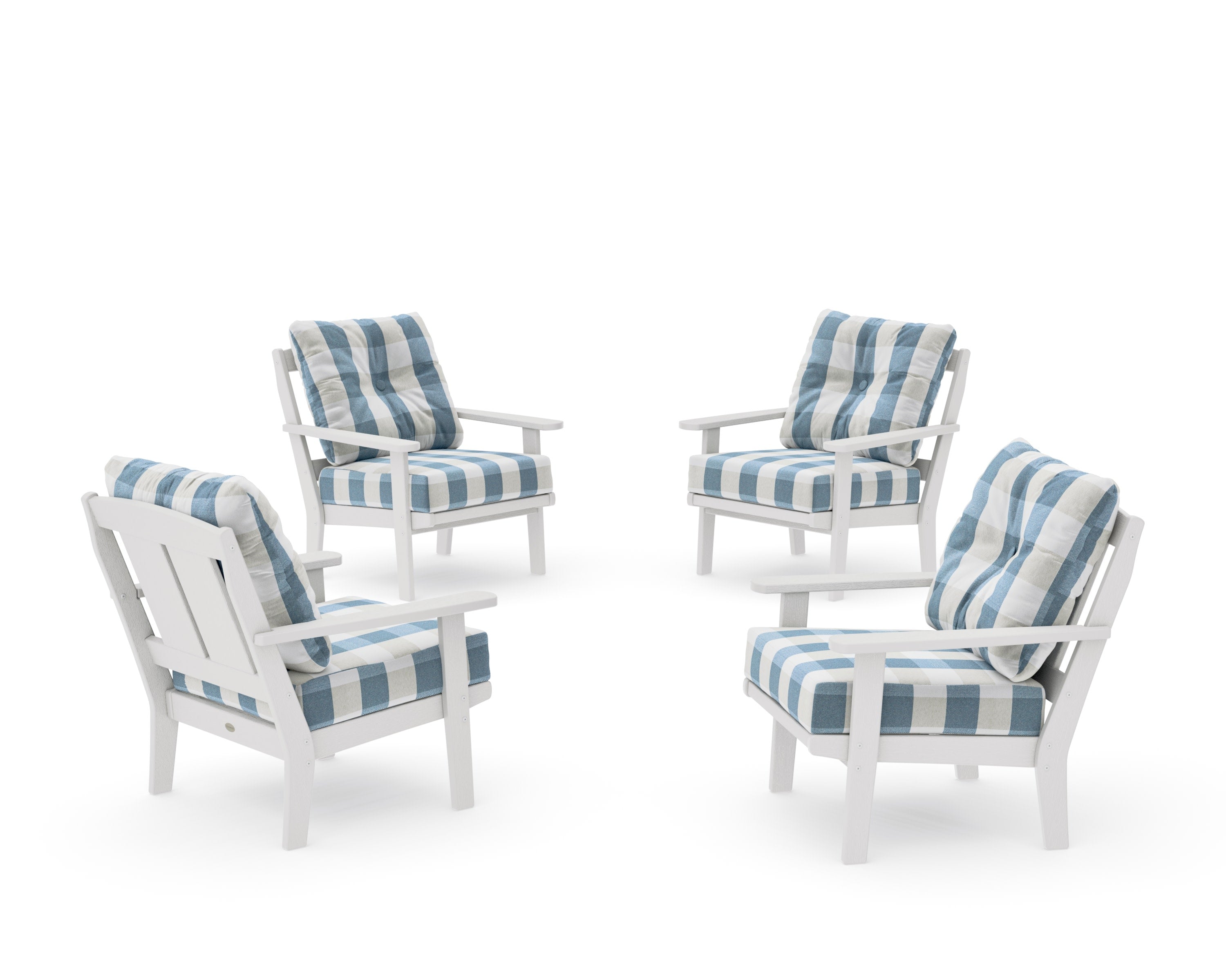 Mission 5-Piece Deep Seating Set with Fire Pit Table in Vintage White / Buffalo Plaid Sky Blue