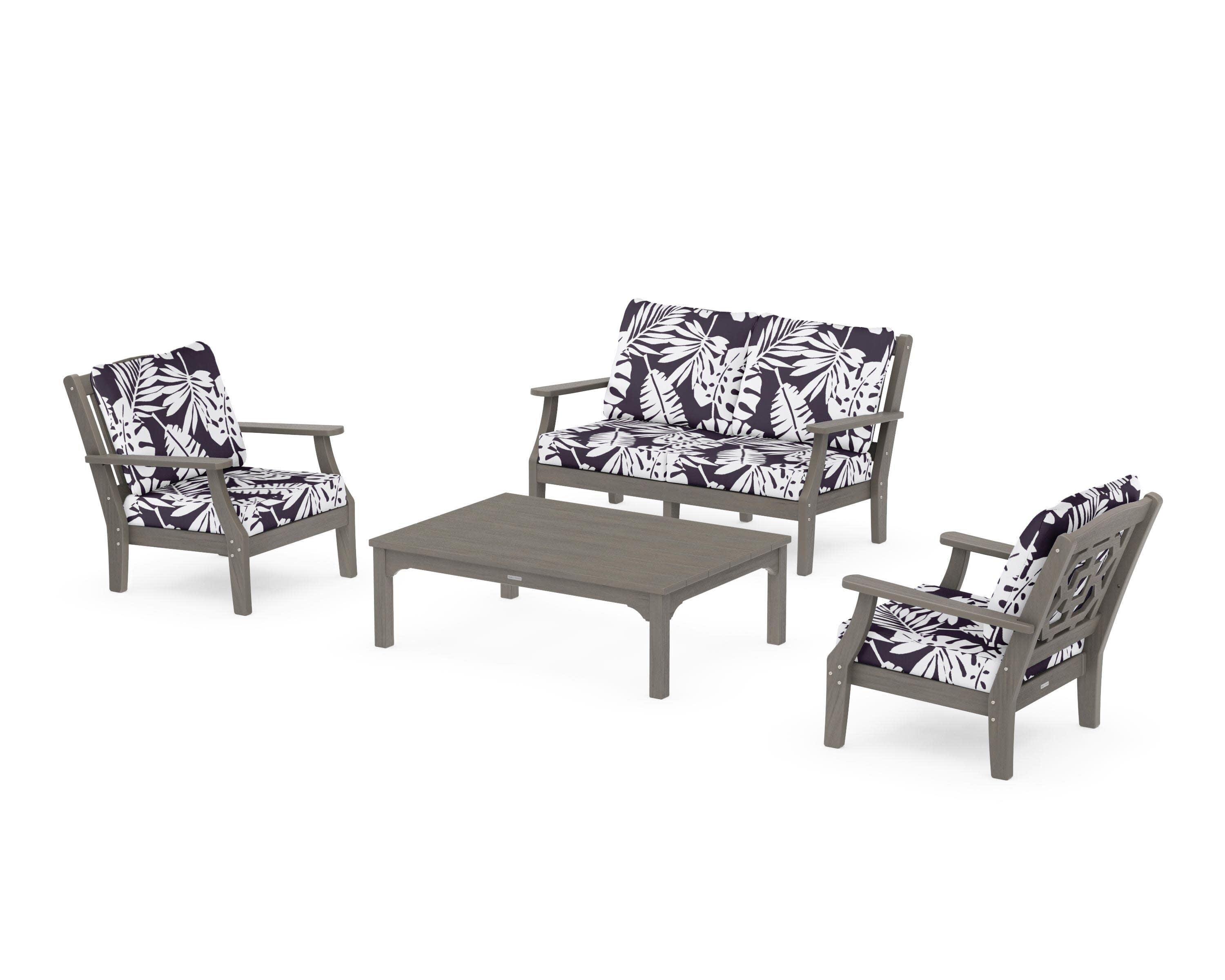Chinoiserie 4-Piece Deep Seating Set with Loveseat in Driftwood / Leaf Navy