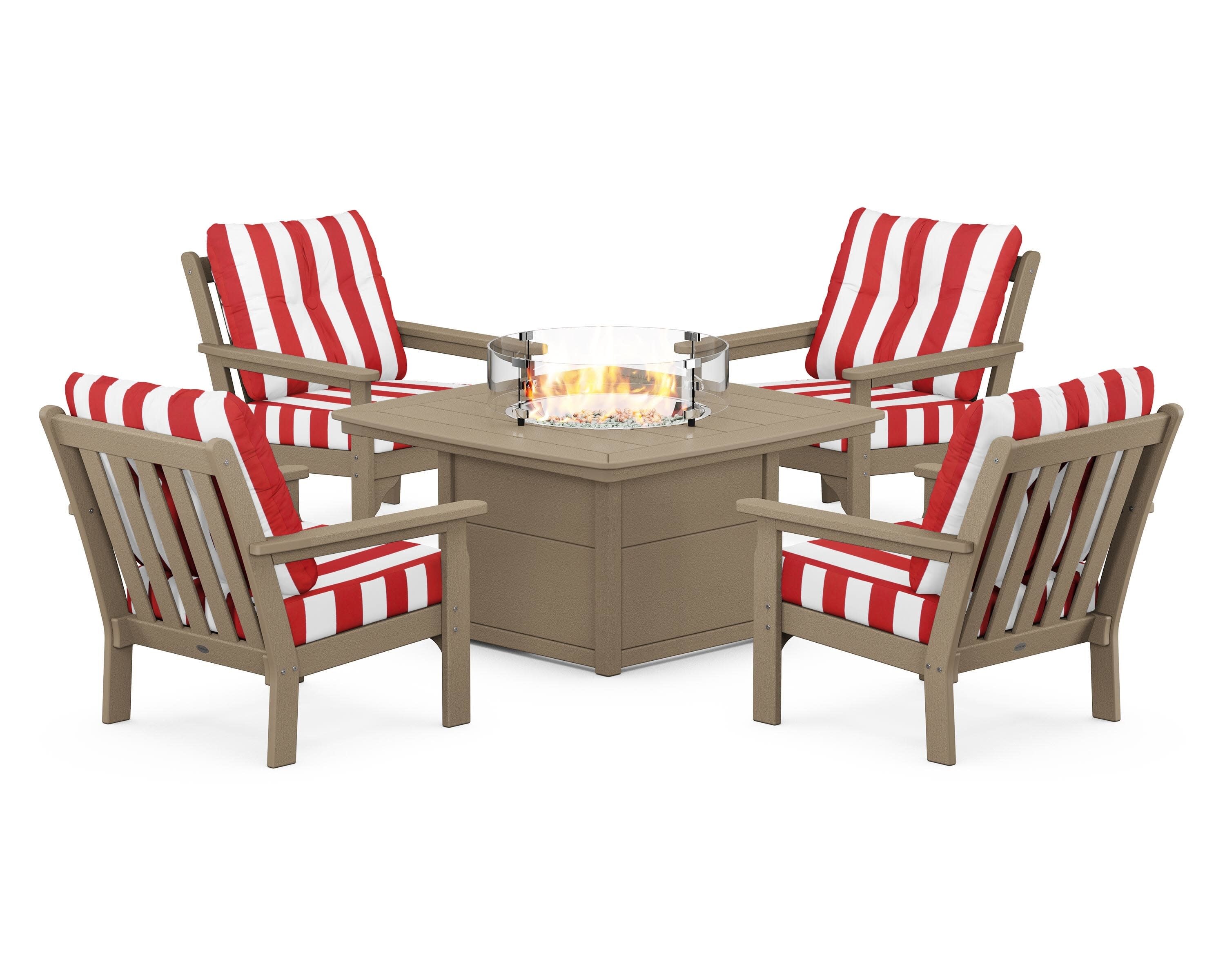 Vineyard 5-Piece Conversation Set with Fire Pit Table in Vintage Sahara / Cabana Stripe Crimson