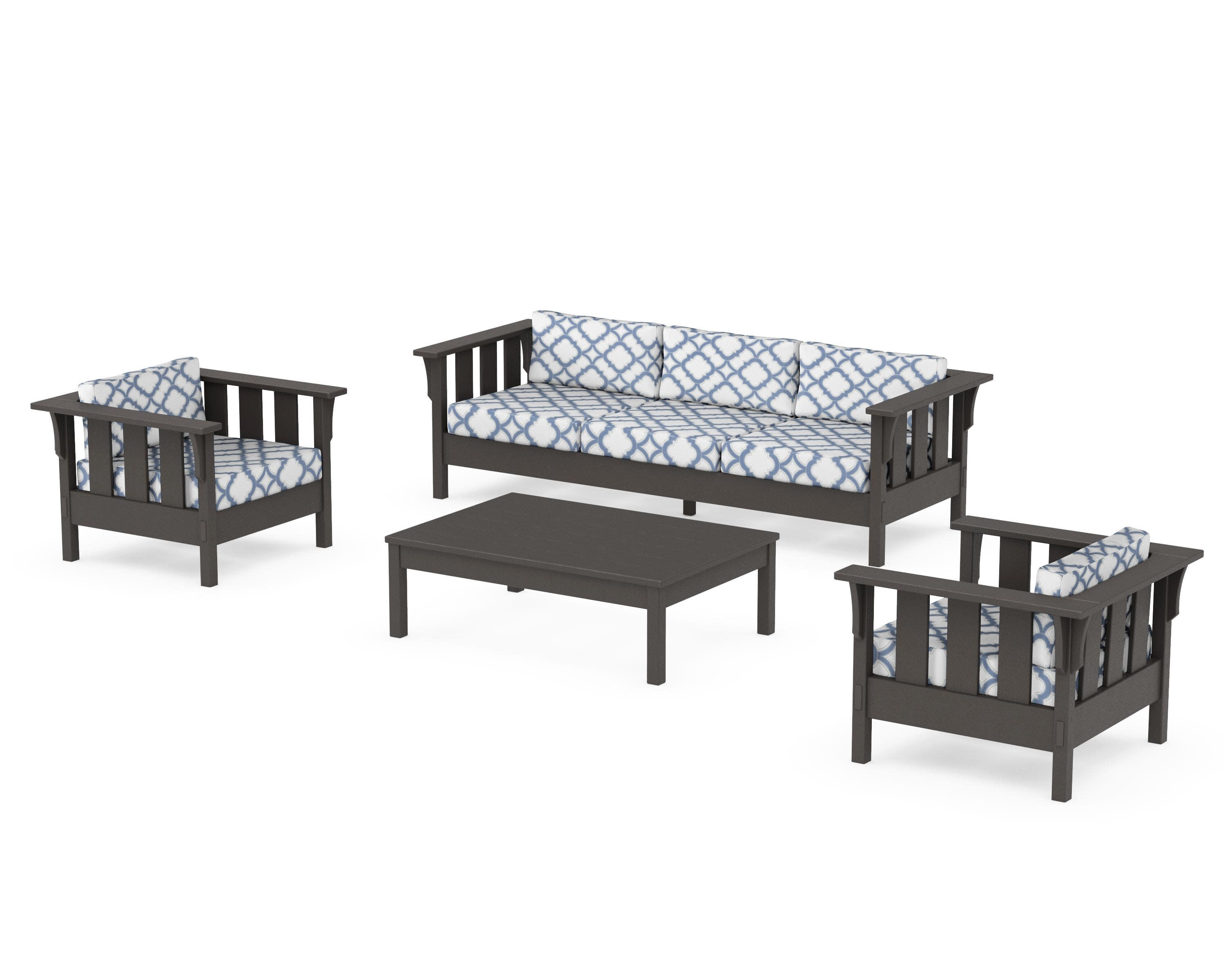Acadia 4-Piece Deep Seating Set with Sofa in Vintage Coffee / Trellis Sky Blue