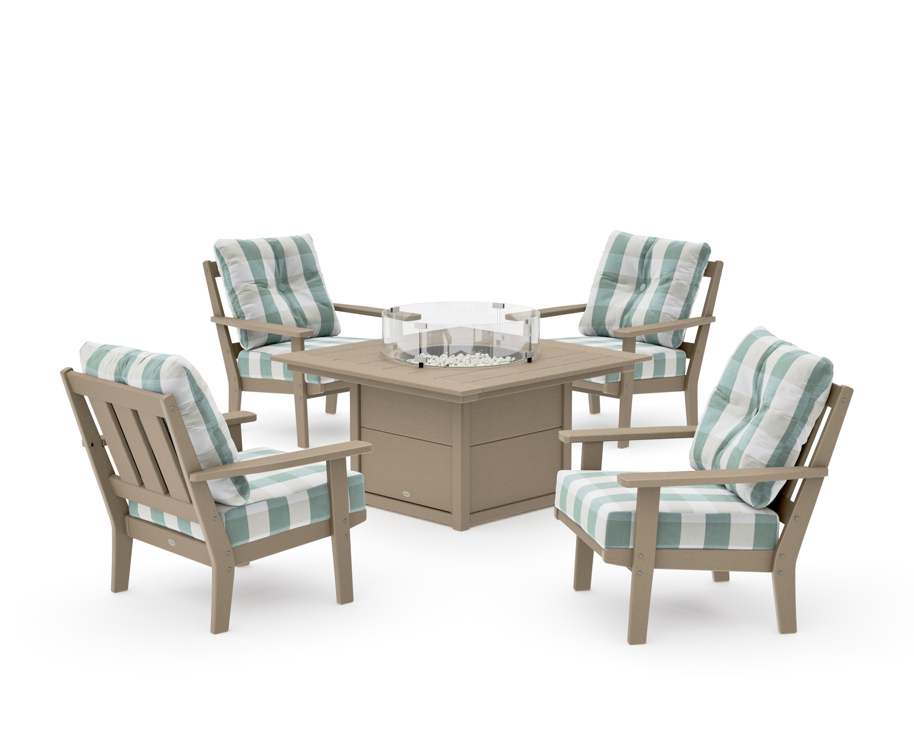 Oxford 5-Piece Deep Seating Set with Fire Pit Table in Vintage Sahara / Buffalo Plaid Glacier Spa