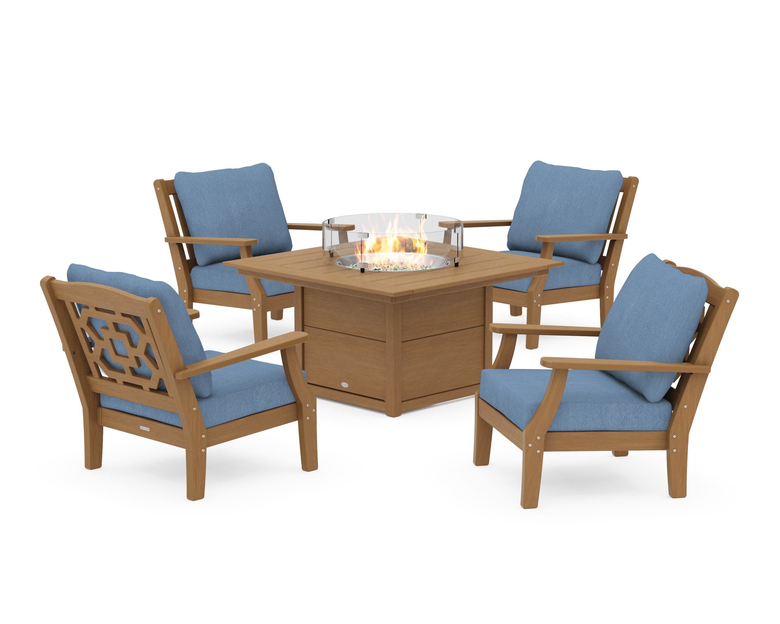Chinoiserie 5-Piece Deep Seating Set with Fire Pit Table in Natural / Sky Blue