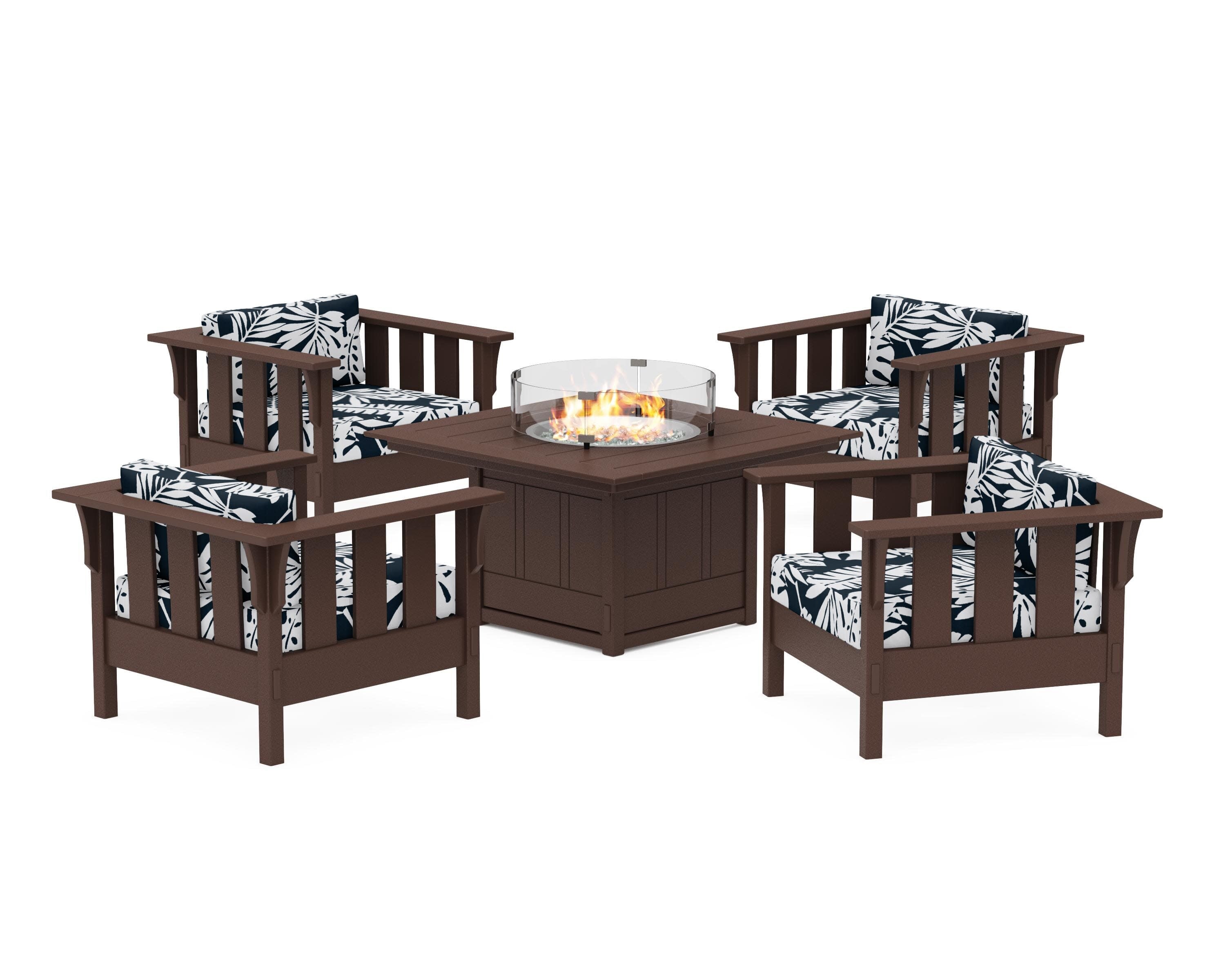 Acadia 5-Piece Deep Seating Set with Fire Pit Table in Mahogany / Leaf Marine Indigo