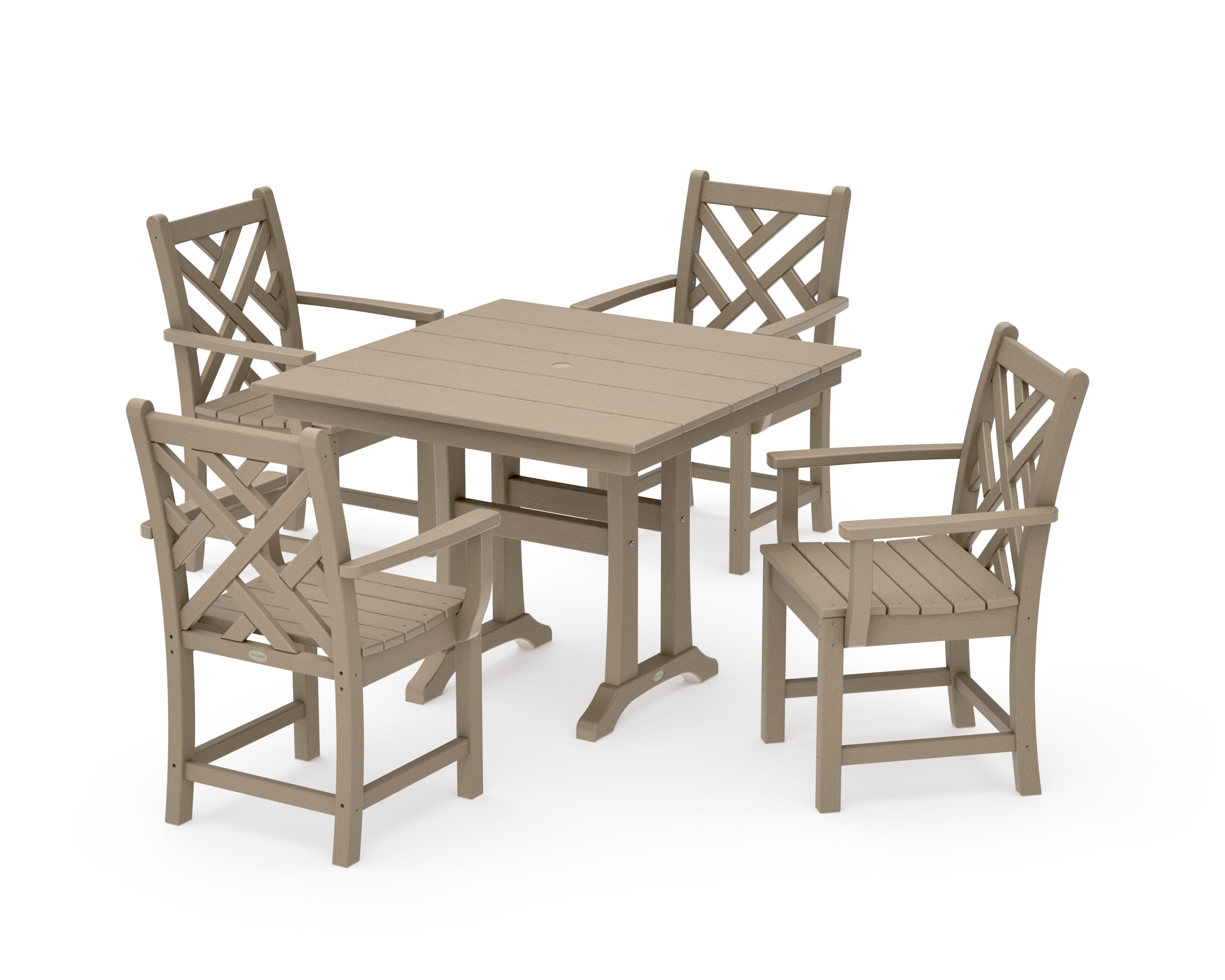 Chippendale 5-Piece Farmhouse Trestle Arm Chair Dining Set in Vintage Sahara