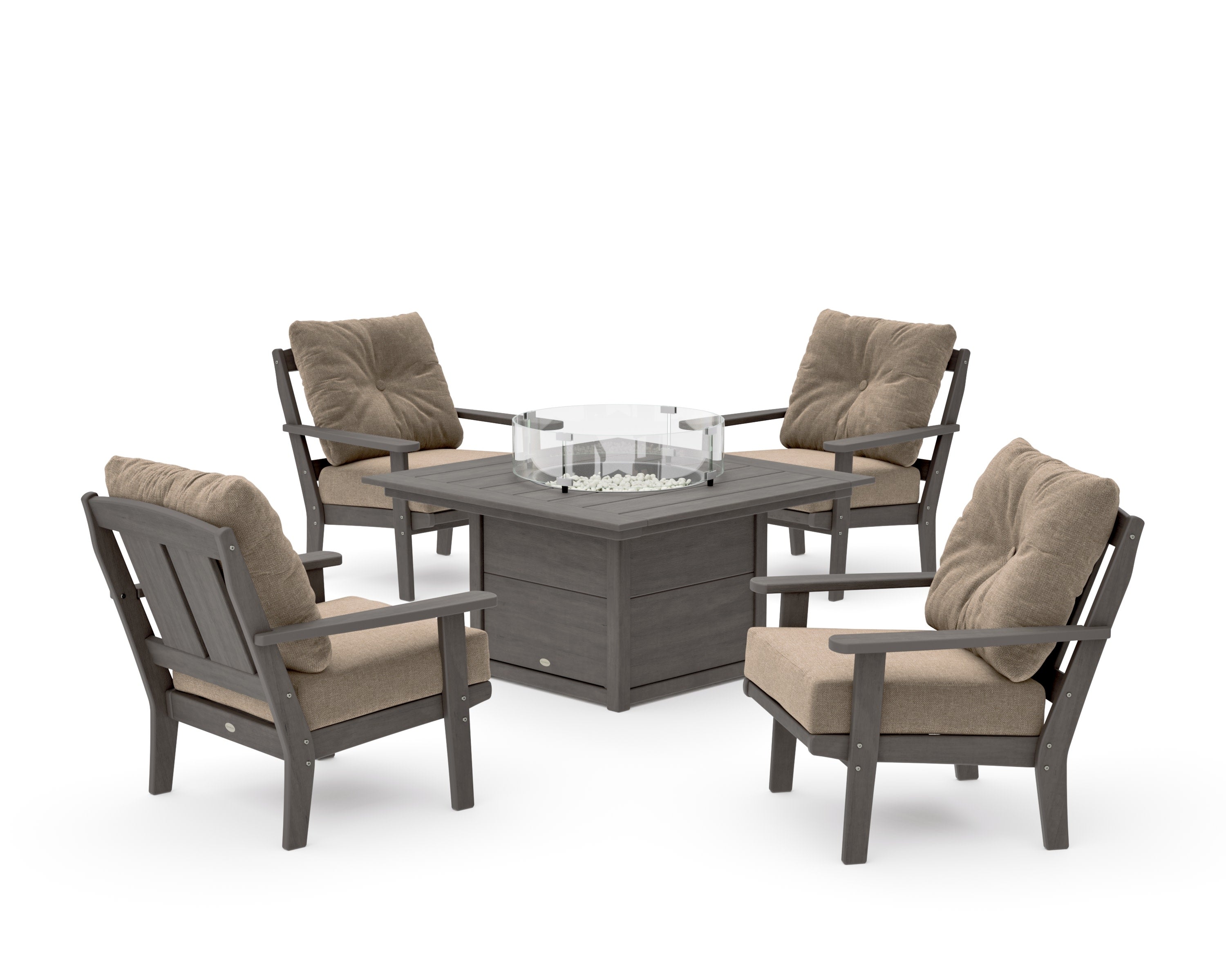 Mission 5-Piece Deep Seating Set with Fire Pit Table in Driftwood / Spiced Burlap