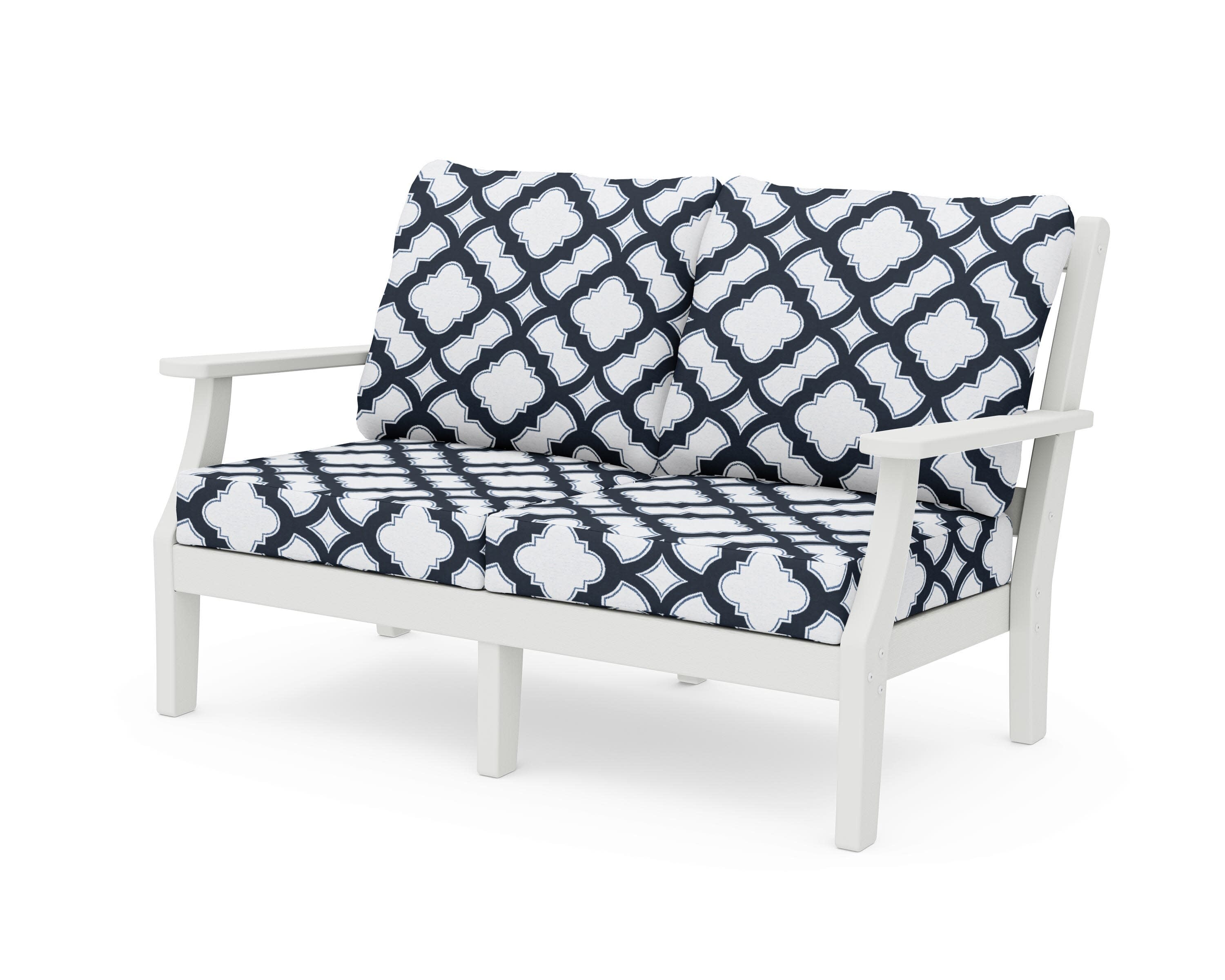 Chinoiserie Deep Seating Loveseat in Vintage White / Trellis Marine Indigo