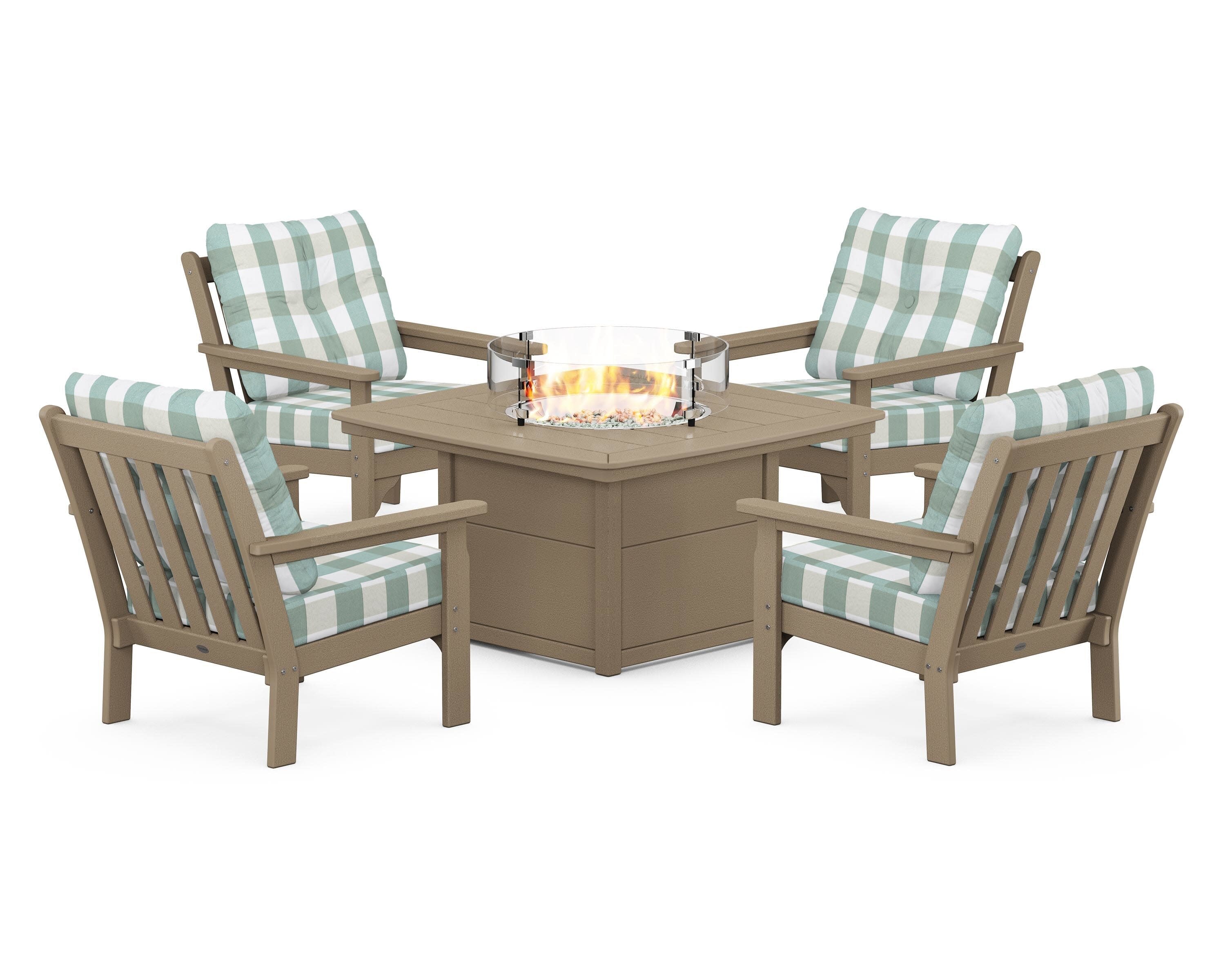 Vineyard 5-Piece Conversation Set with Fire Pit Table in Vintage Sahara / Buffalo Plaid Glacier Spa