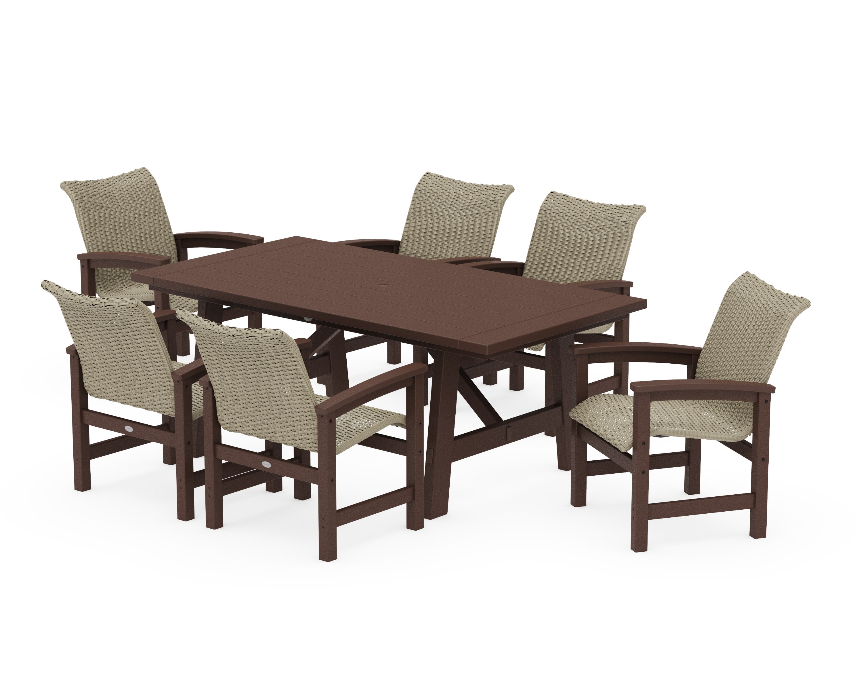 Coastal Woven Arm Chair 7-Piece Rustic Farmhouse Dining Set in Mahogany / Dune Grass