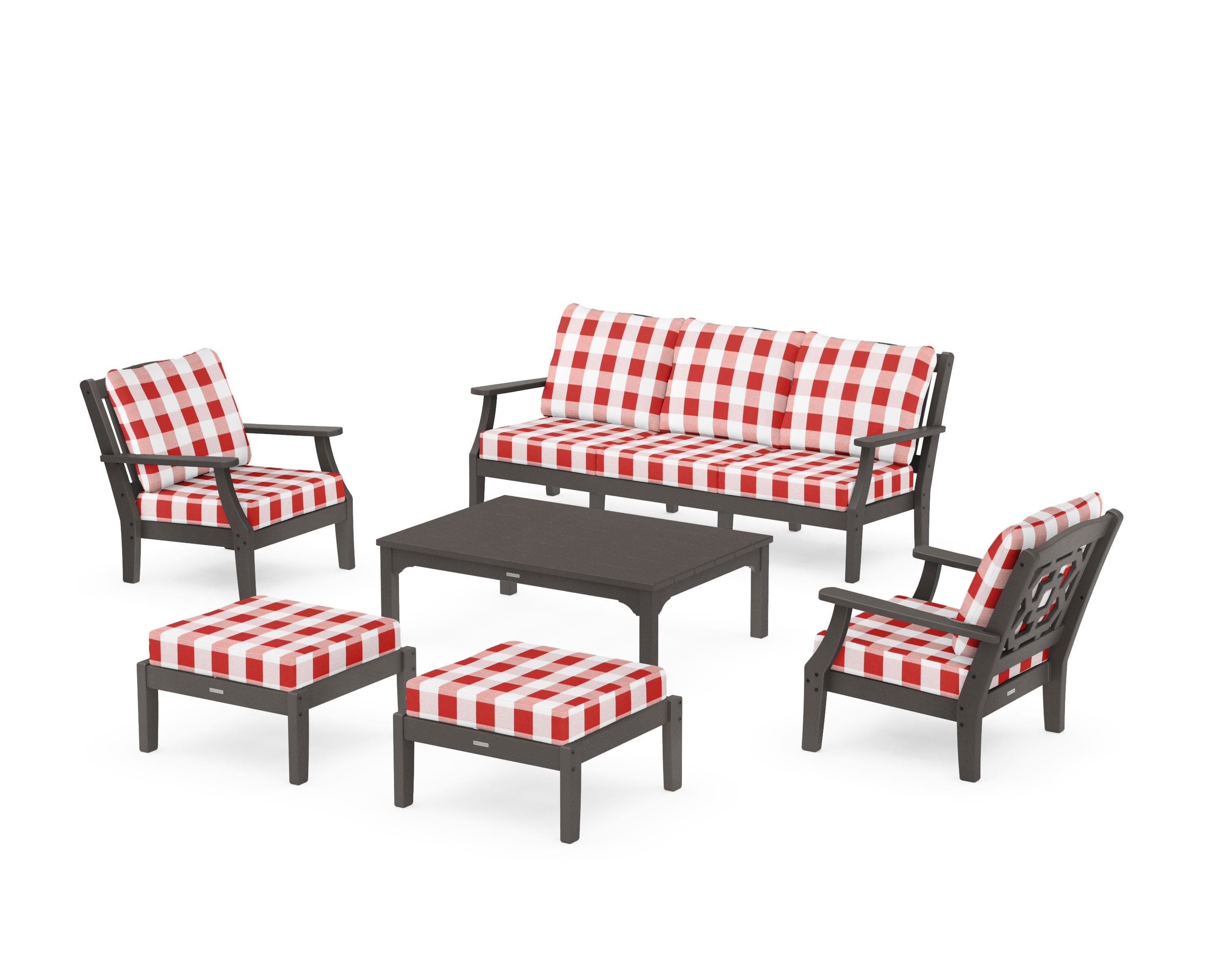 Chinoiserie 6-Piece Lounge Sofa Set in Vintage Coffee / Buffalo Plaid Crimson