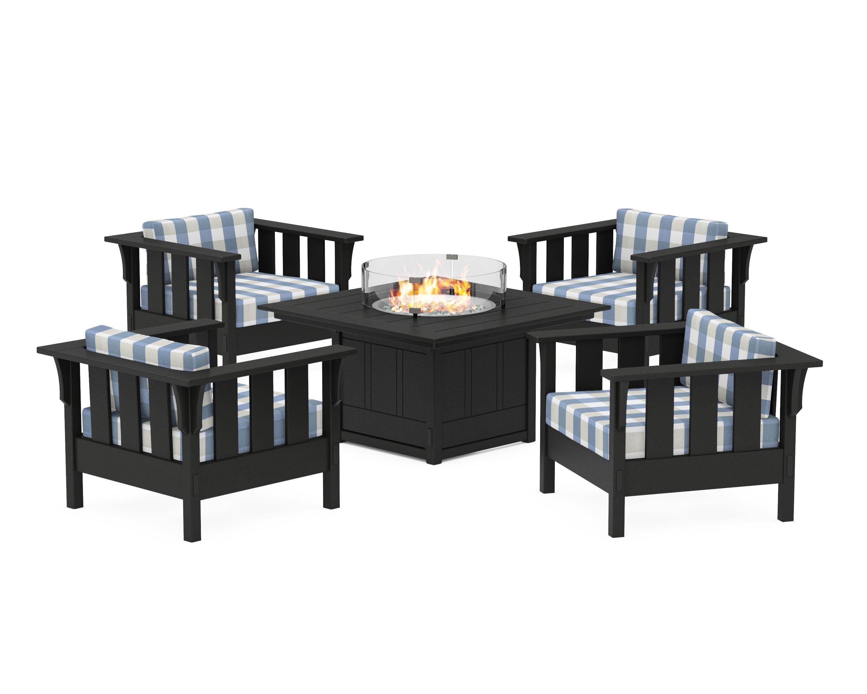 Acadia 5-Piece Deep Seating Set with Fire Pit Table in Black / Buffalo Plaid Sky Blue