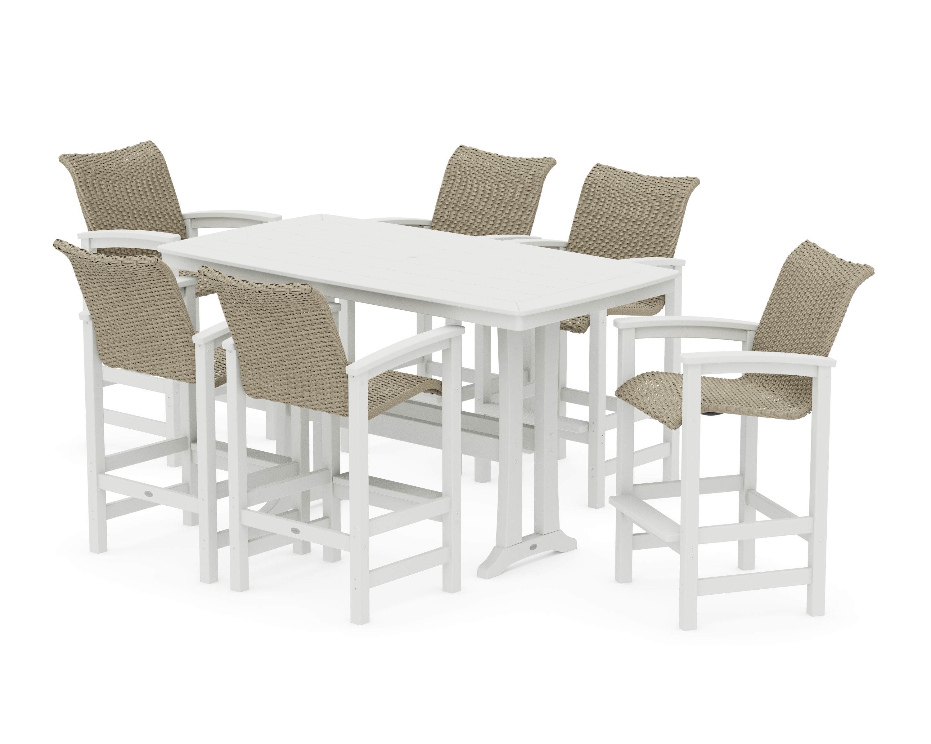 Coastal Woven Arm Chair 7-Piece Bar Set with Trestle Legs in Vintage White / Dune Grass