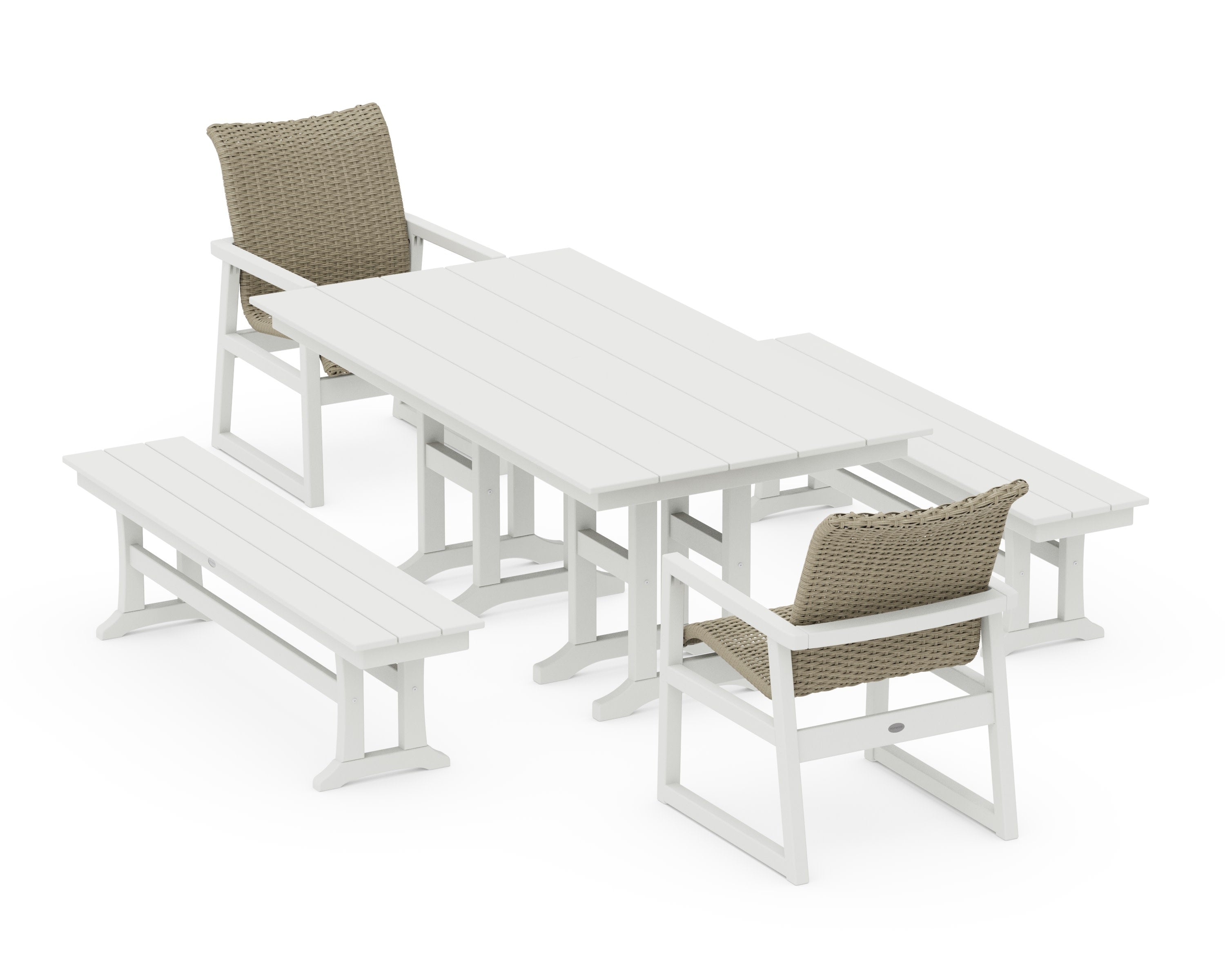 EDGE Woven 5-Piece Farmhouse Dining Set with Benches in Vintage White / Dune Grass