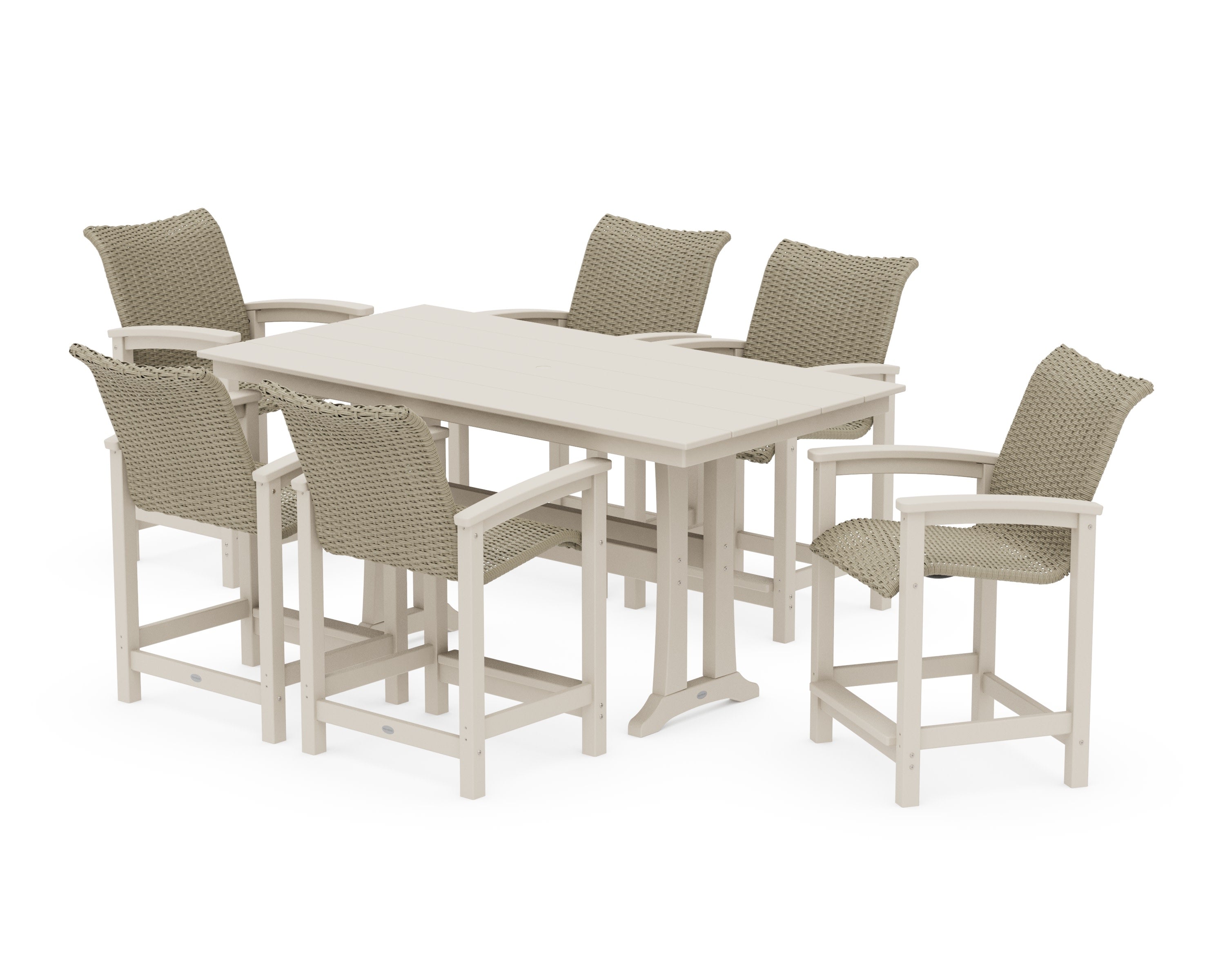 Coastal Woven Arm Chair 7-Piece Farmhouse Counter Set with Trestle Legs in Sand / Dune Grass