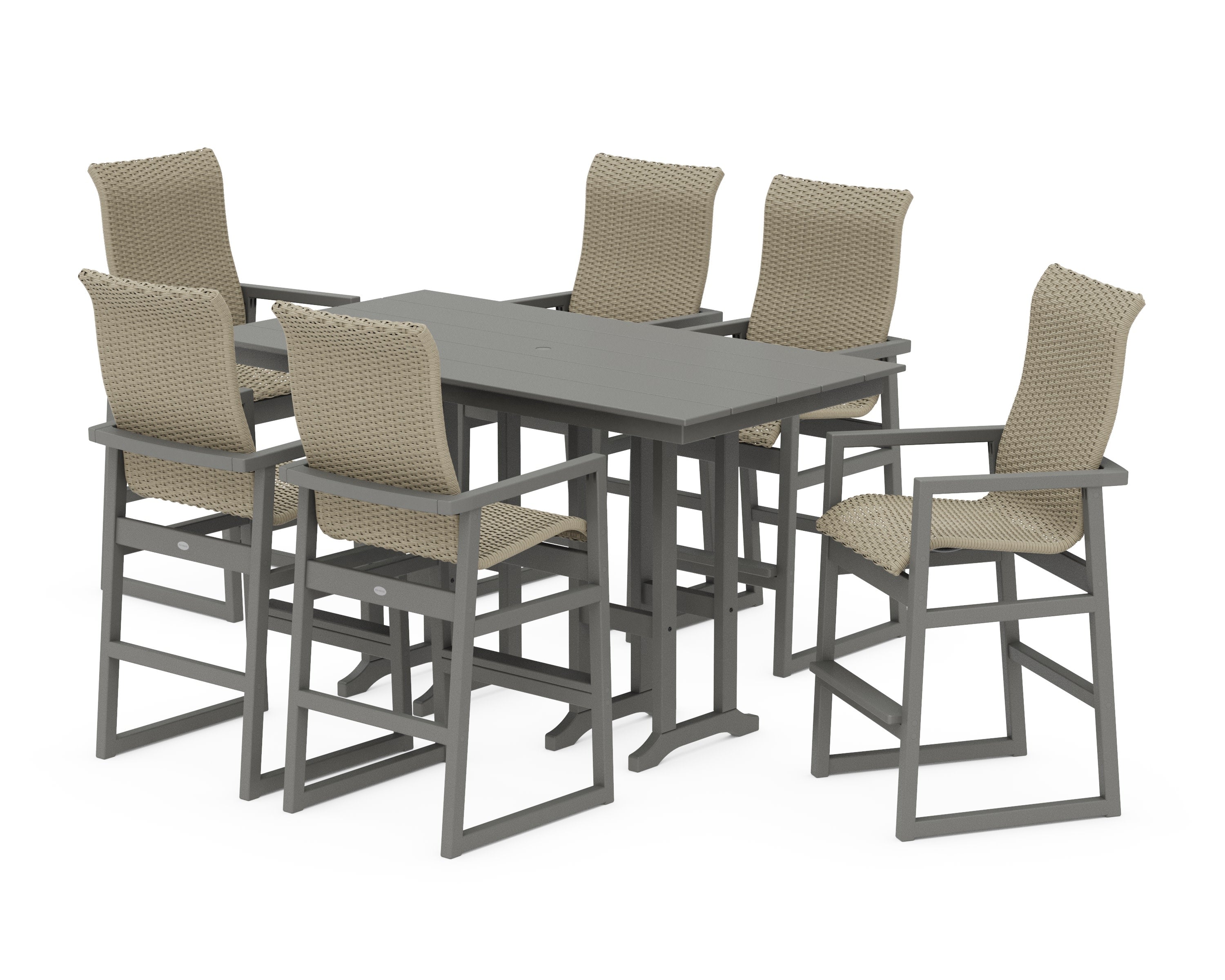 EDGE Woven Highback Arm Chair 7-Piece Farmhouse Bar Set in Slate Grey / Dune Grass