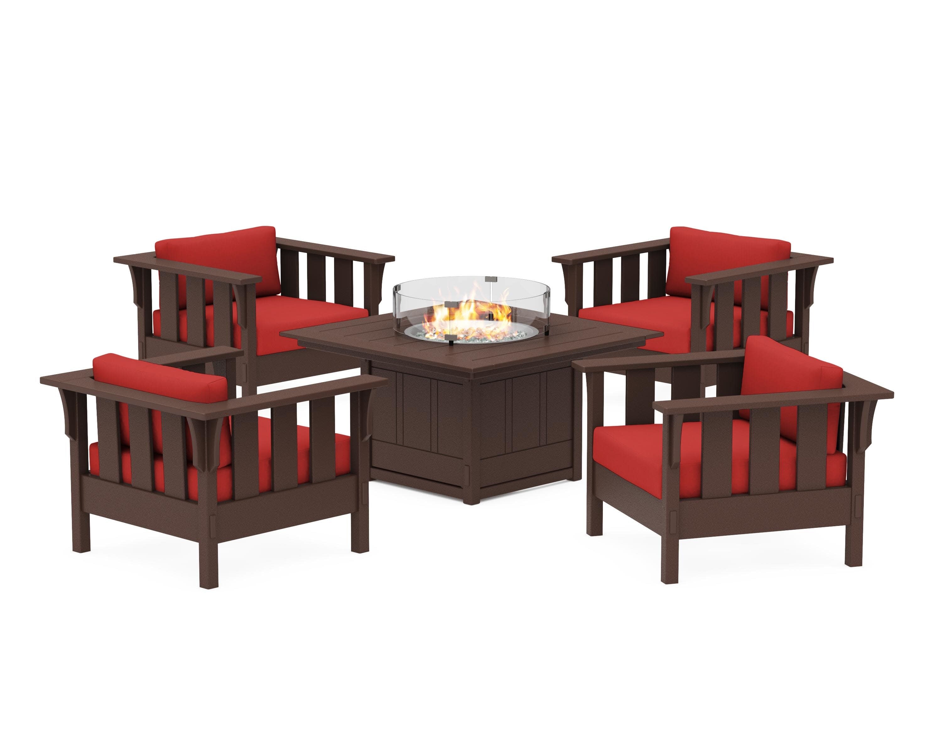 Acadia 5-Piece Deep Seating Set with Fire Pit Table in Mahogany / Crimson Linen
