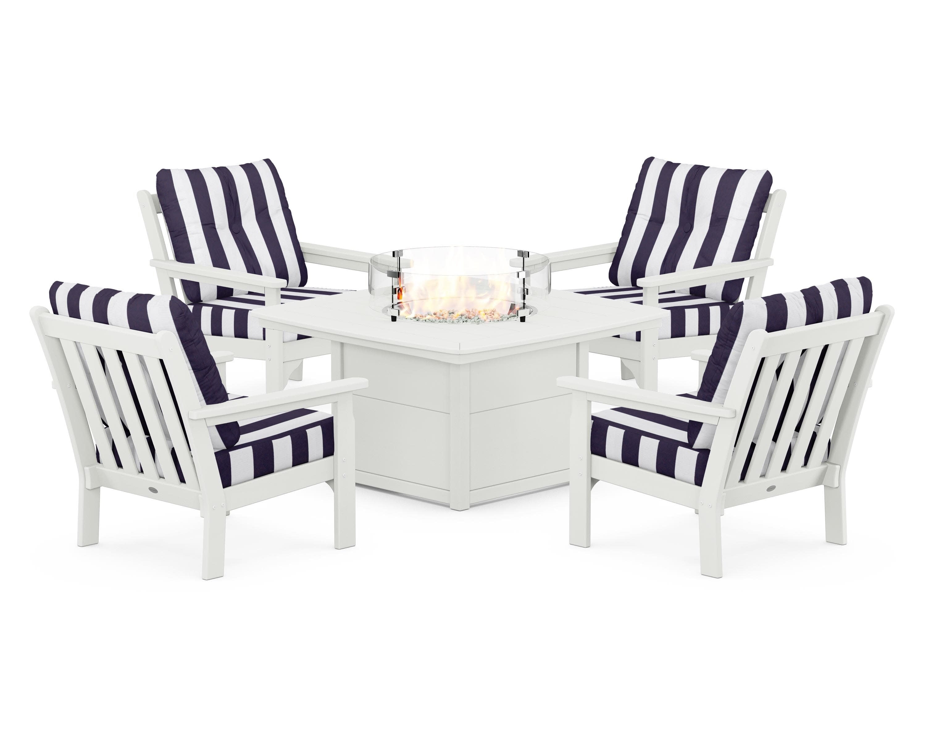 Vineyard 5-Piece Conversation Set with Fire Pit Table in Vintage White / Cabana Stripe Navy