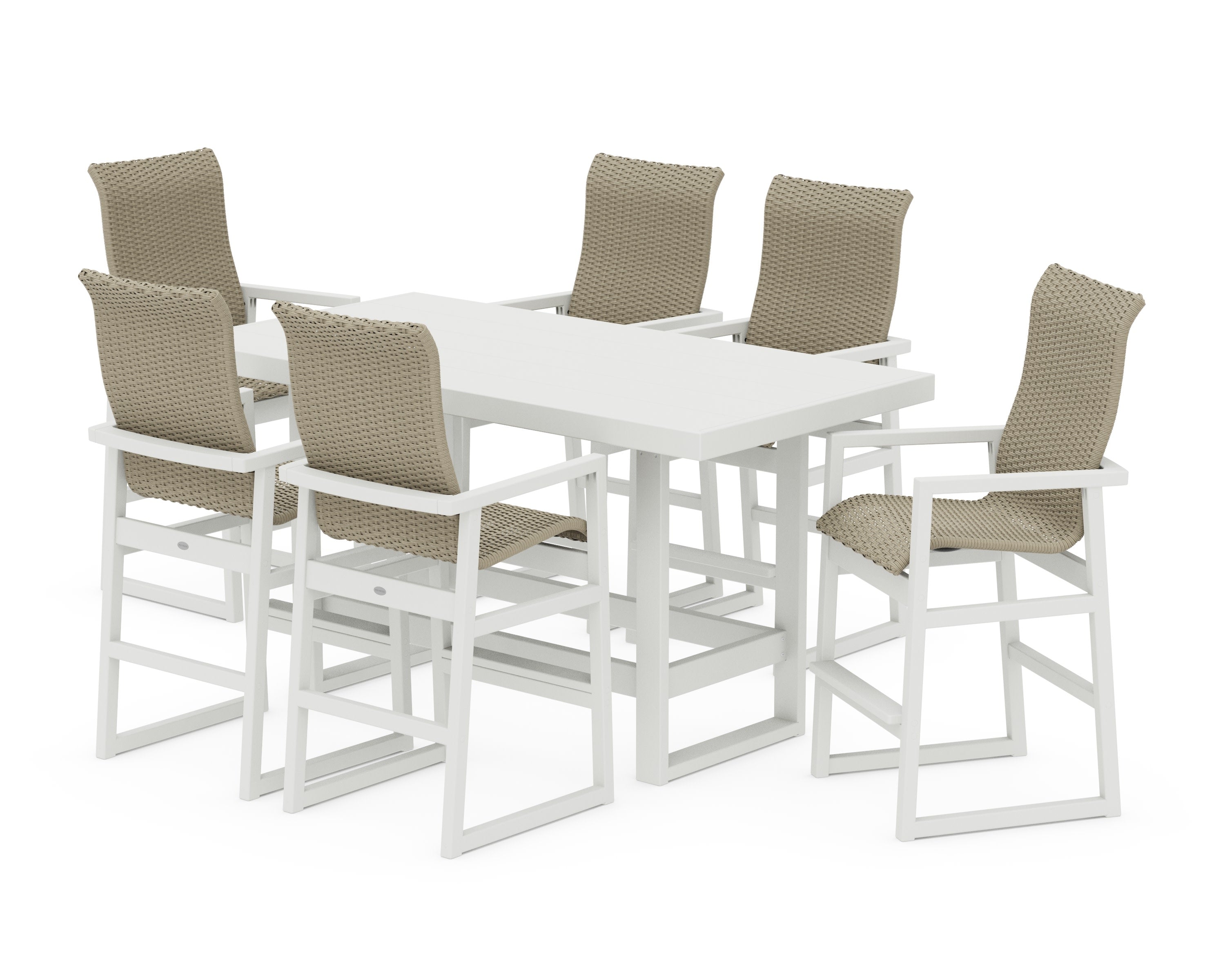 EDGE Woven Highback Arm Chair 7-Piece Bar Set in White / Dune Grass