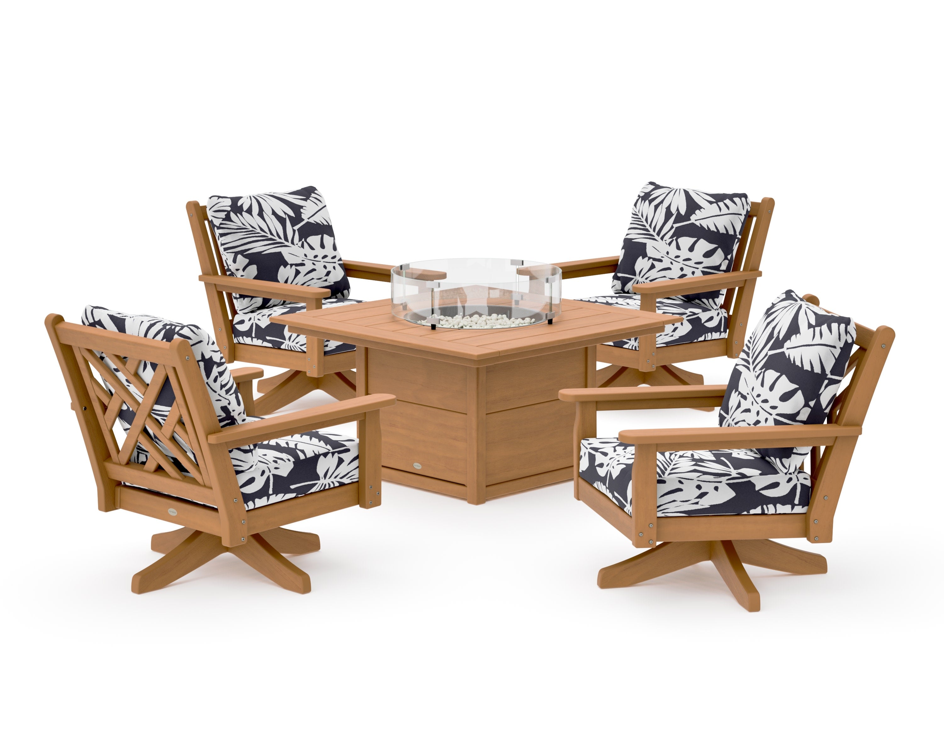 Chippendale 5-Piece Deep Seating Swivel Conversation Set with Fire Pit Table in Natural / Leaf Navy