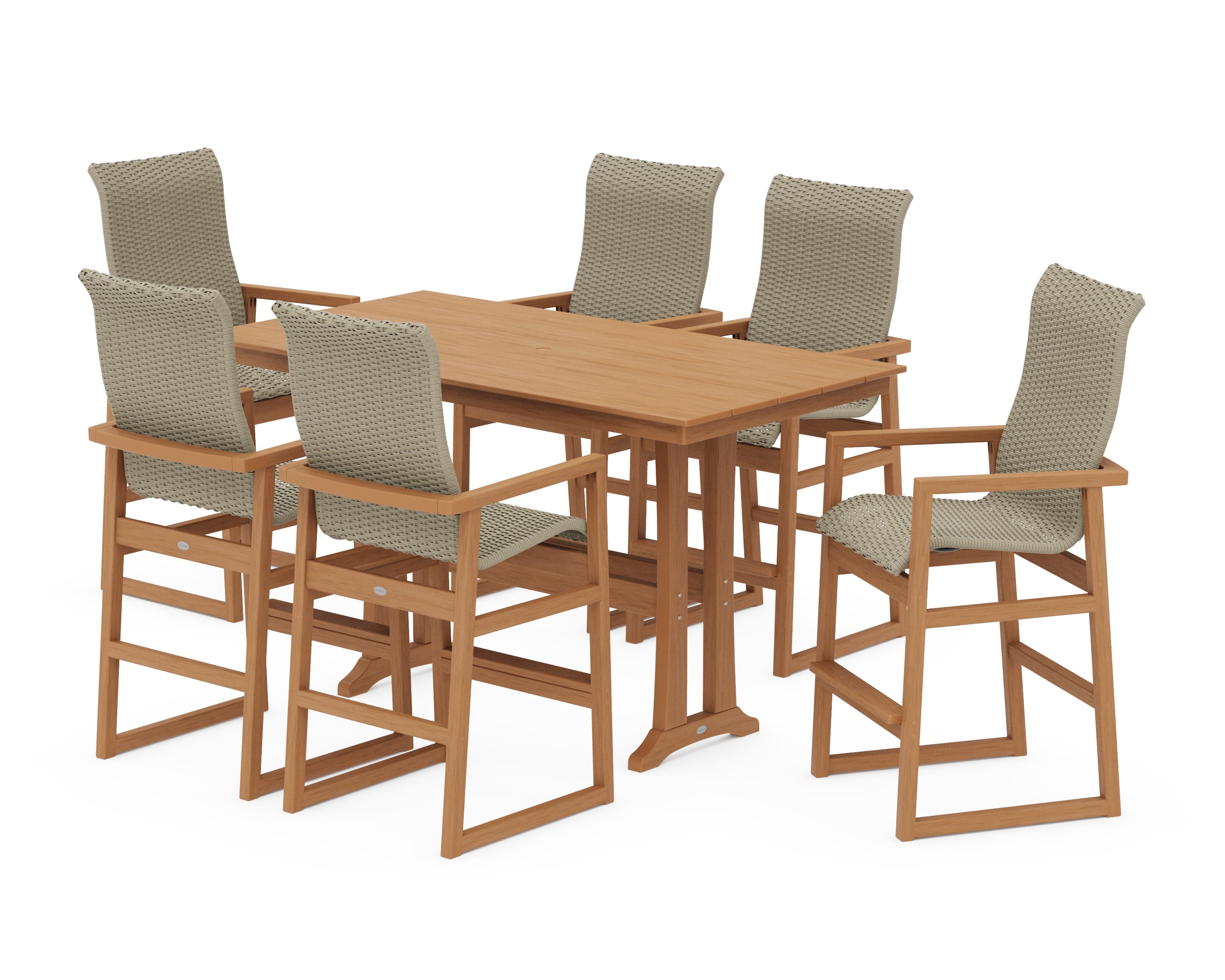 EDGE Woven Highback Arm Chair 7-Piece Farmhouse Bar Set with Trestle Legs in Natural / Dune Grass