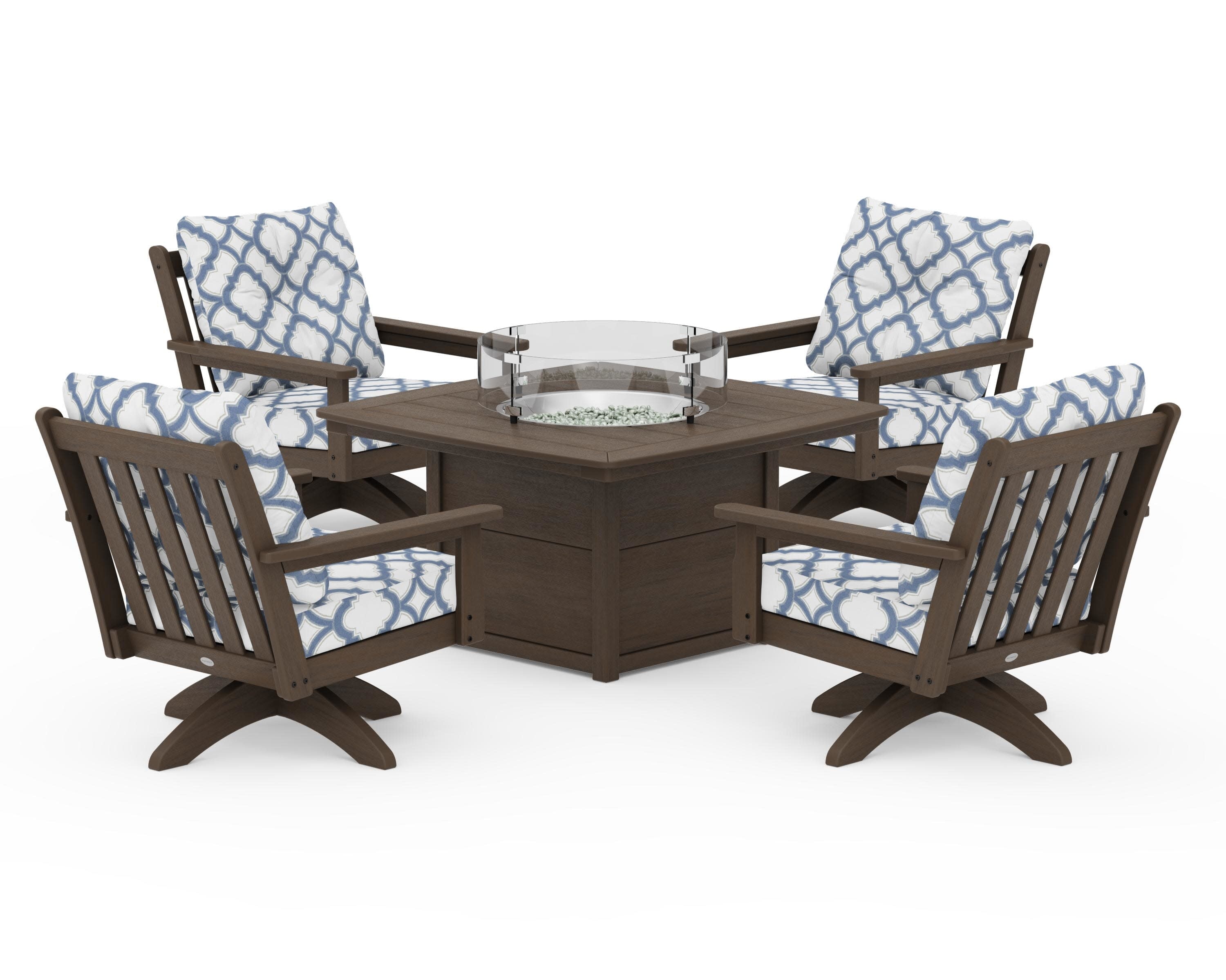 Vineyard 5-Piece Deep Seating Swivel Conversation Set with Fire Pit Table in Kona / Trellis Sky Blue
