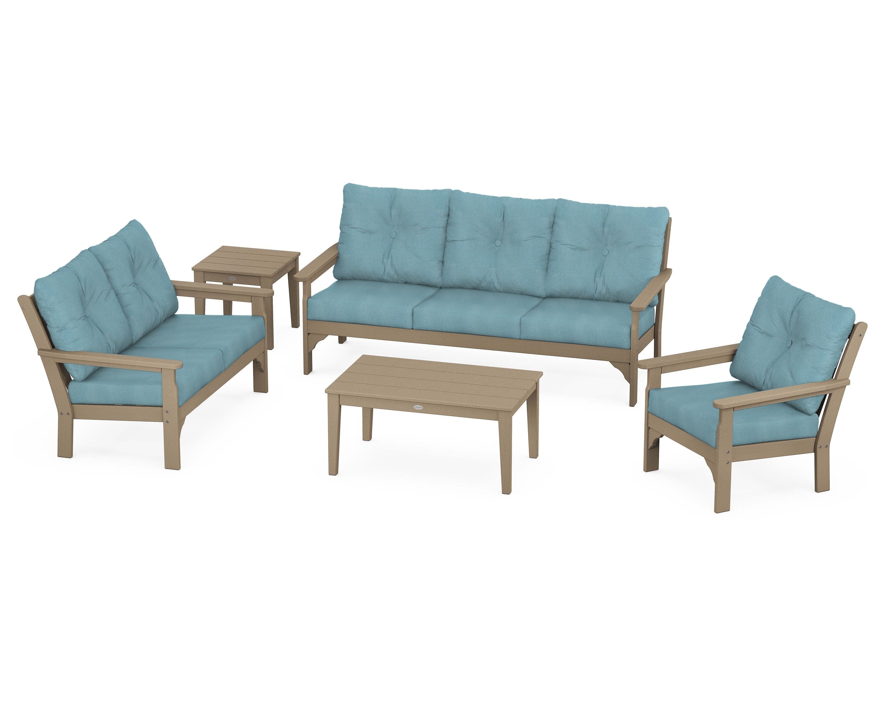 Vineyard 5 Piece Deep Seating Set in Vintage Sahara / Lattice Sky Blue